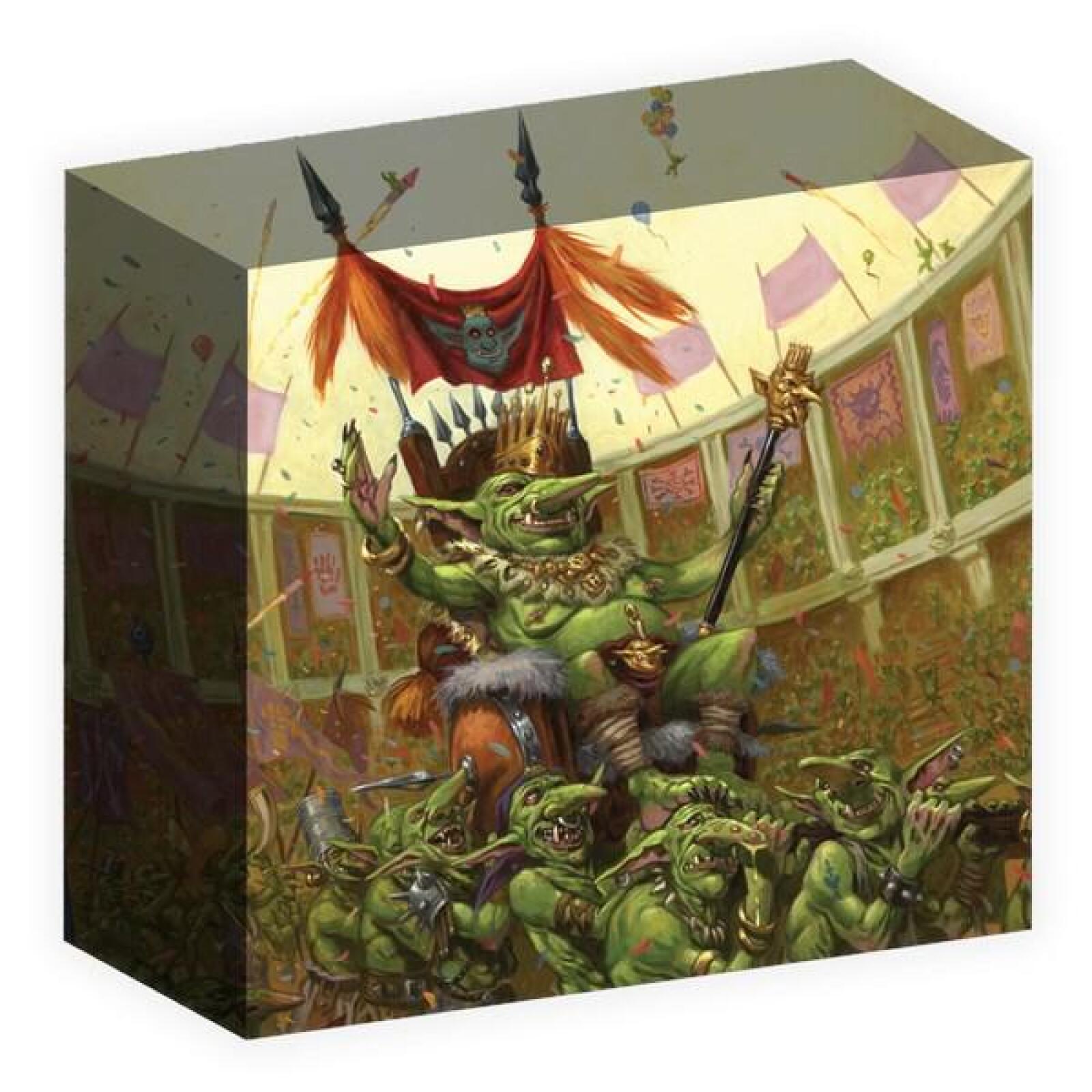 Crowned green goblin king on a throne, raising scepter and arms, surrounded by goblins in a festive, banner-filled arena