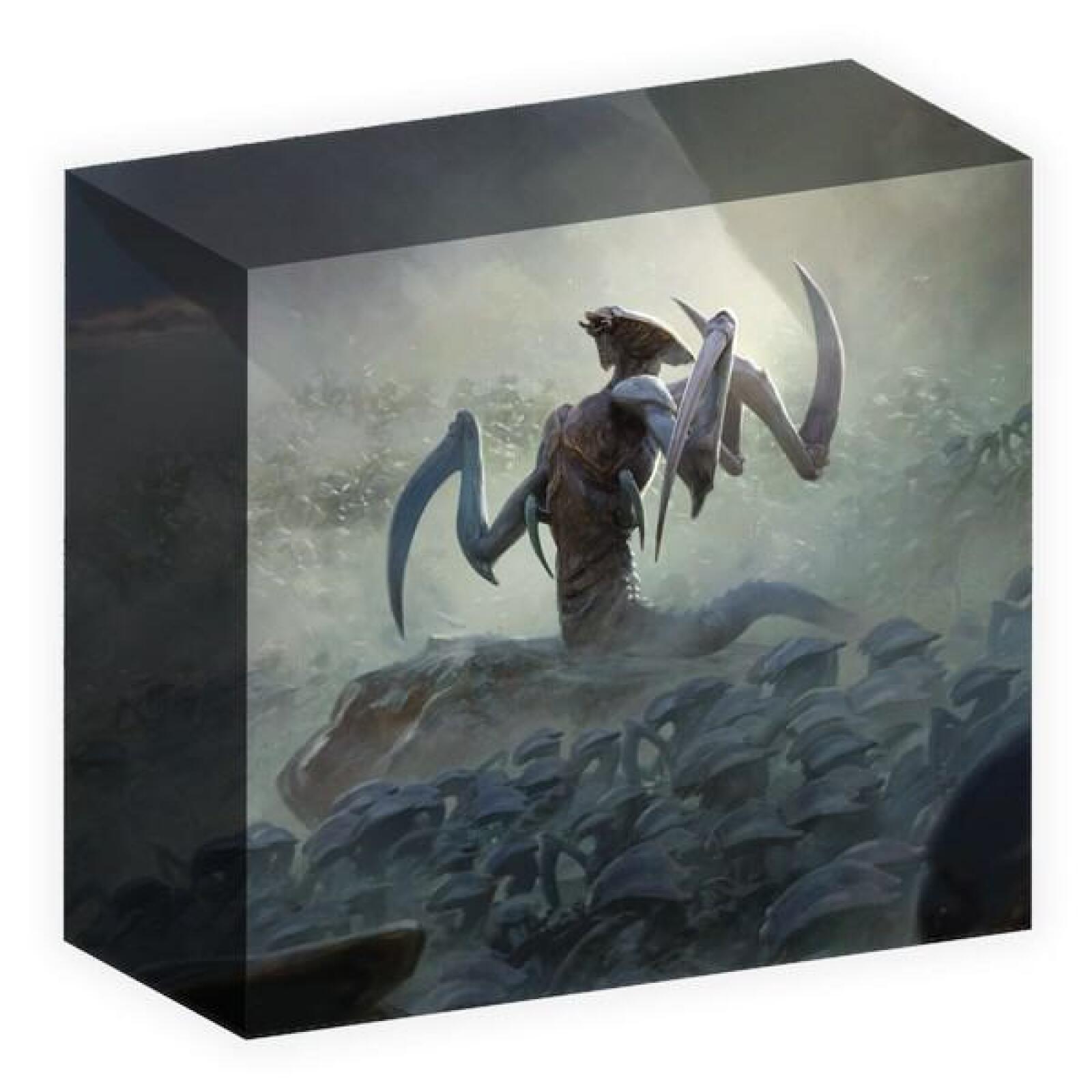 A monstrous insectoid creature with scythe-like limbs stands over a vast swarm of smaller alien beings in a misty environment