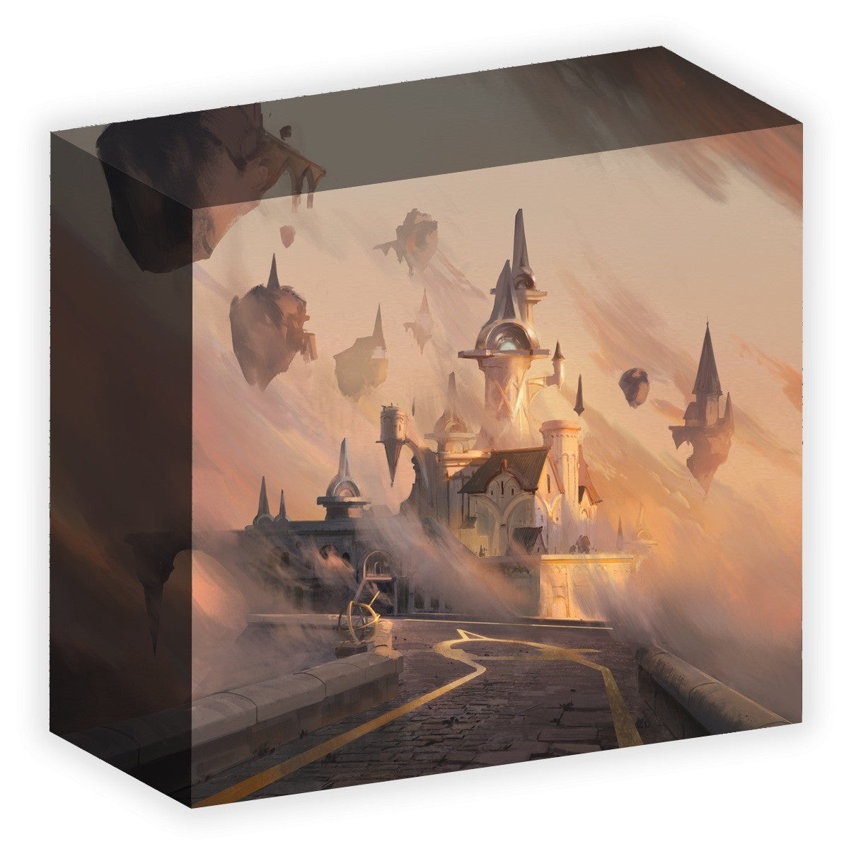 A fantasy city on a large floating island, connected by a bridge, with smaller islands in a warm, hazy sky