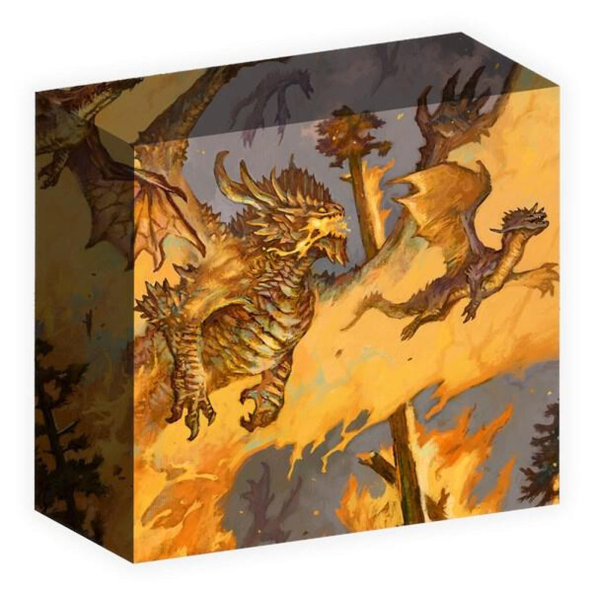 A golden dragon breathing fire flies alongside a smaller dragon over a blazing forest