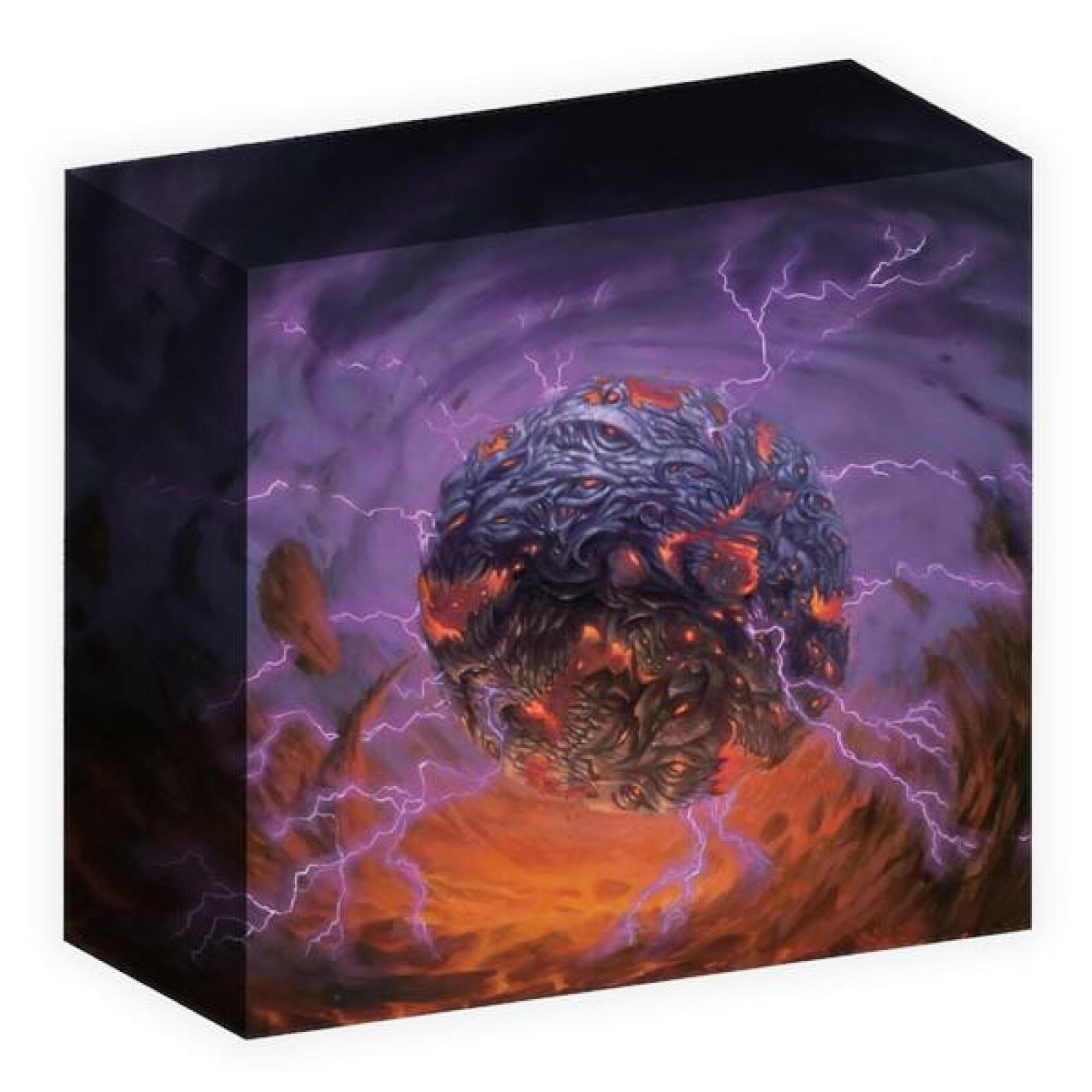 A dark, eye-covered orb with lava cracks, amidst purple lightning and swirling orange-purple energy