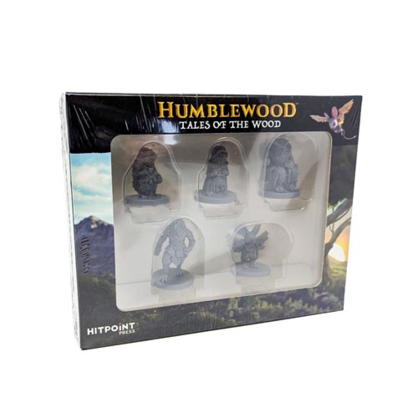 Humblewood: Tales of the Wood miniatures box set, showing six unpainted grey fantasy figures.