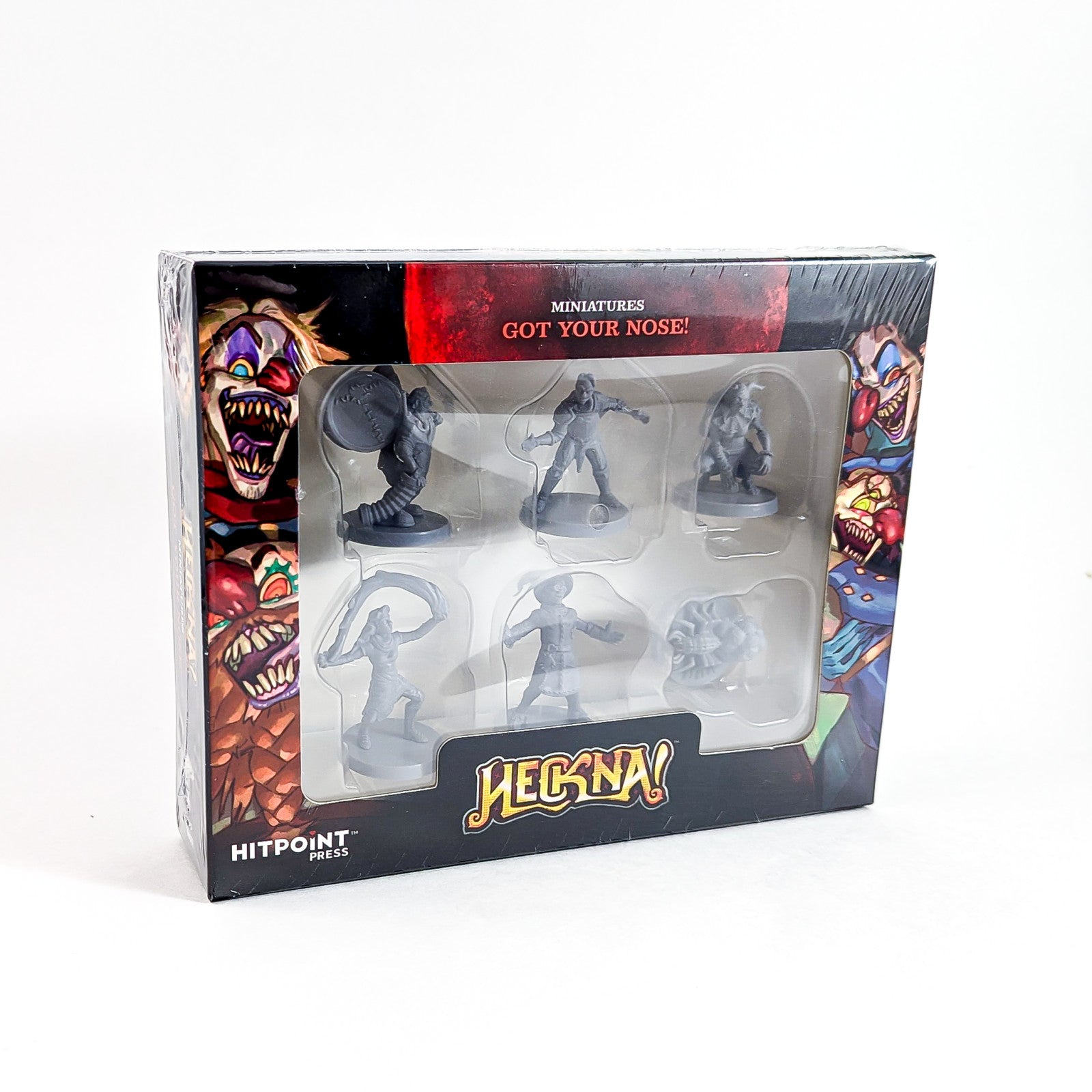 Heckna! Got Your Nose! miniatures box containing 6 unpainted grey fantasy figures, with scary clown art.