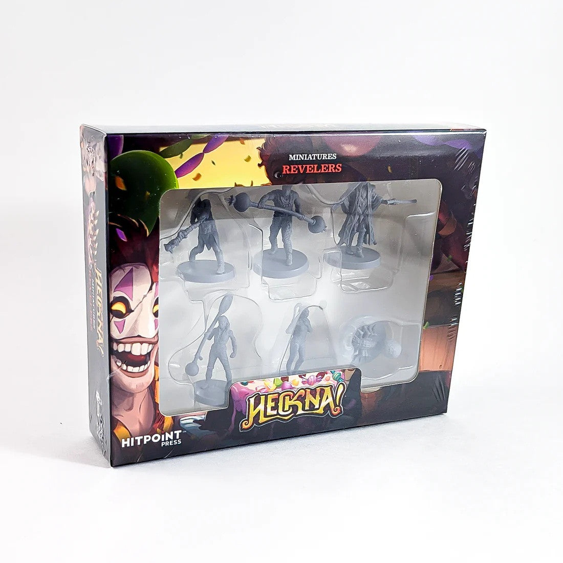 Hecna! Revelers Miniatures box containing six unpainted gray figures and jester artwork.