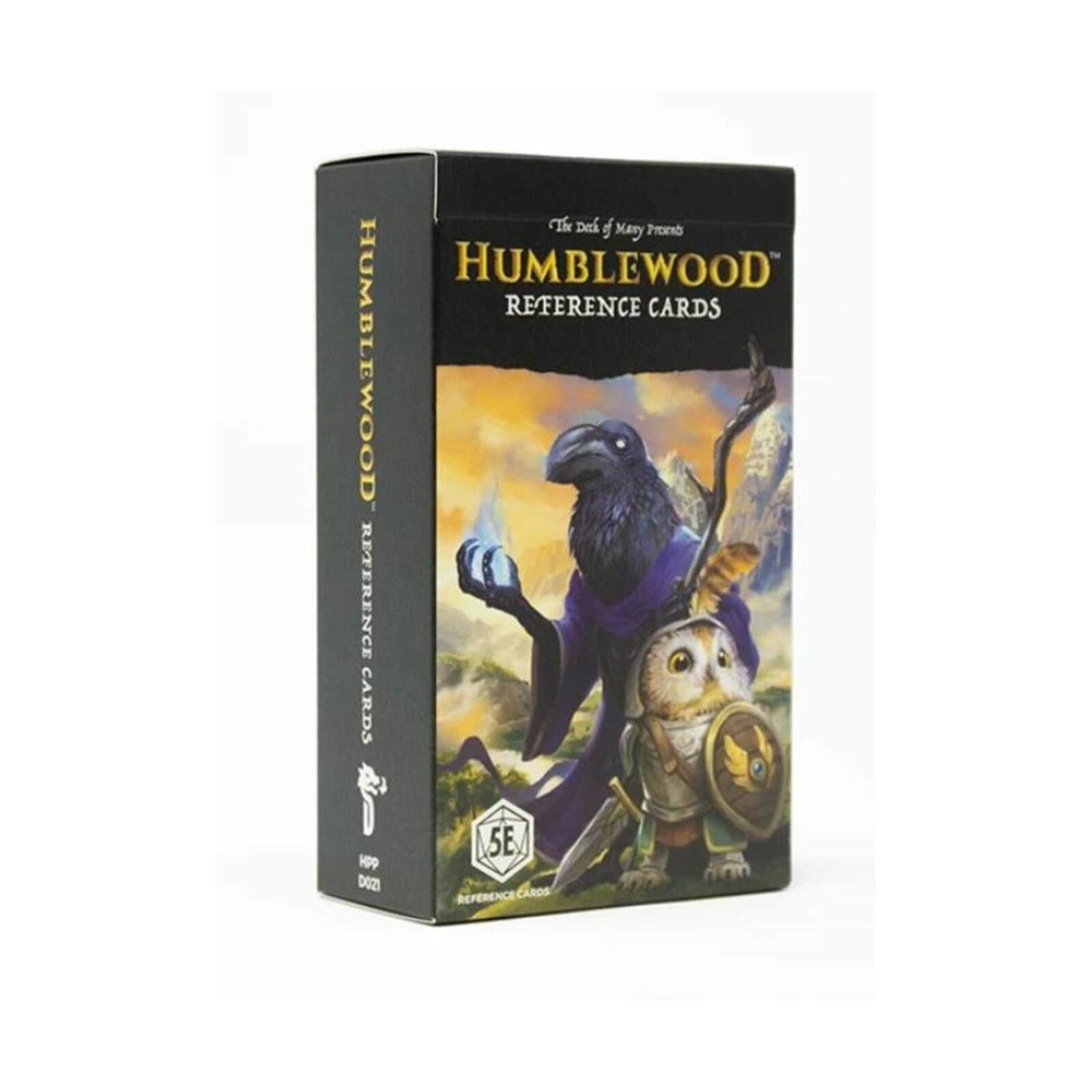 Humblewood Reference Cards box with fantasy art: a robed raven holding a glowing orb, alongside an armored owl warrior.