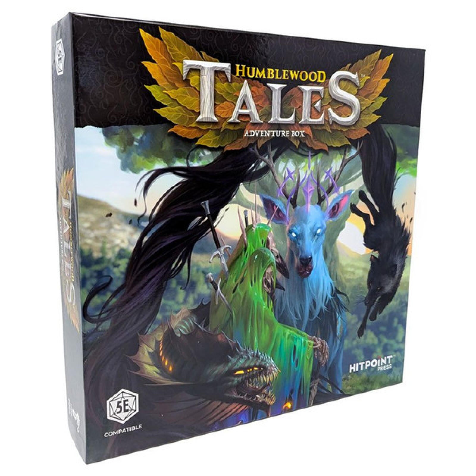 Humblewood Tales Adventure Box: fantasy art of a glowing blue deer, green monster, black dragon, and falling wolf.