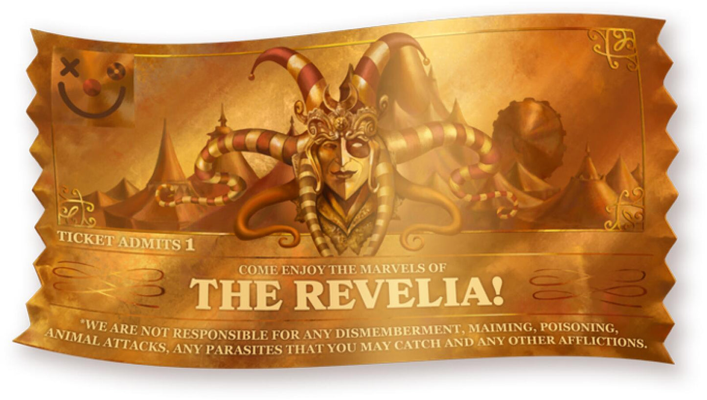 An ornate golden ticket to "The Revelia!" featuring a jester mask with a striped hat and half-skull face, over a dark carnival.