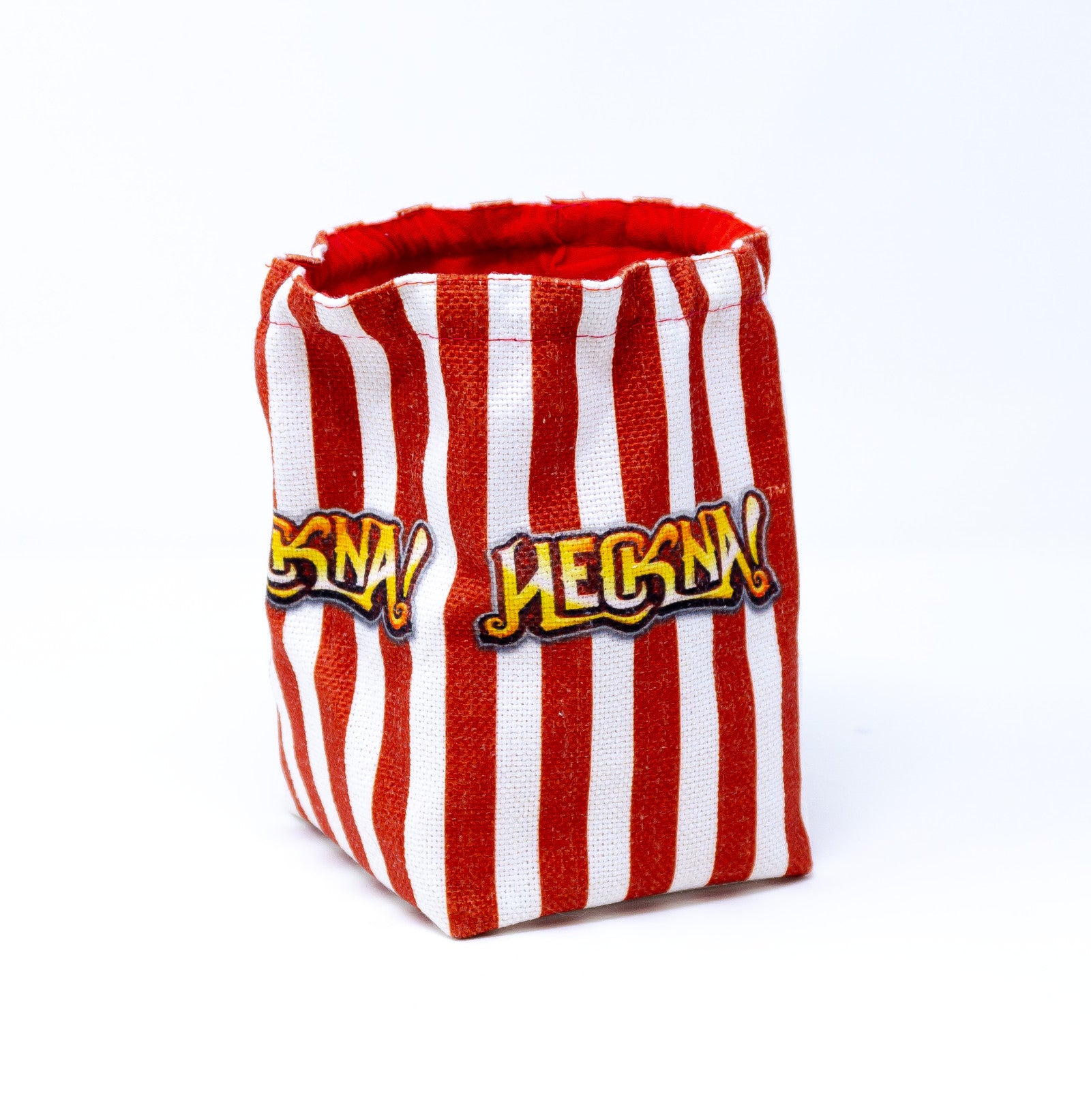 Red and white striped fabric pouch, like a popcorn bag, with yellow "SNA! HECKN!" text and red lining.