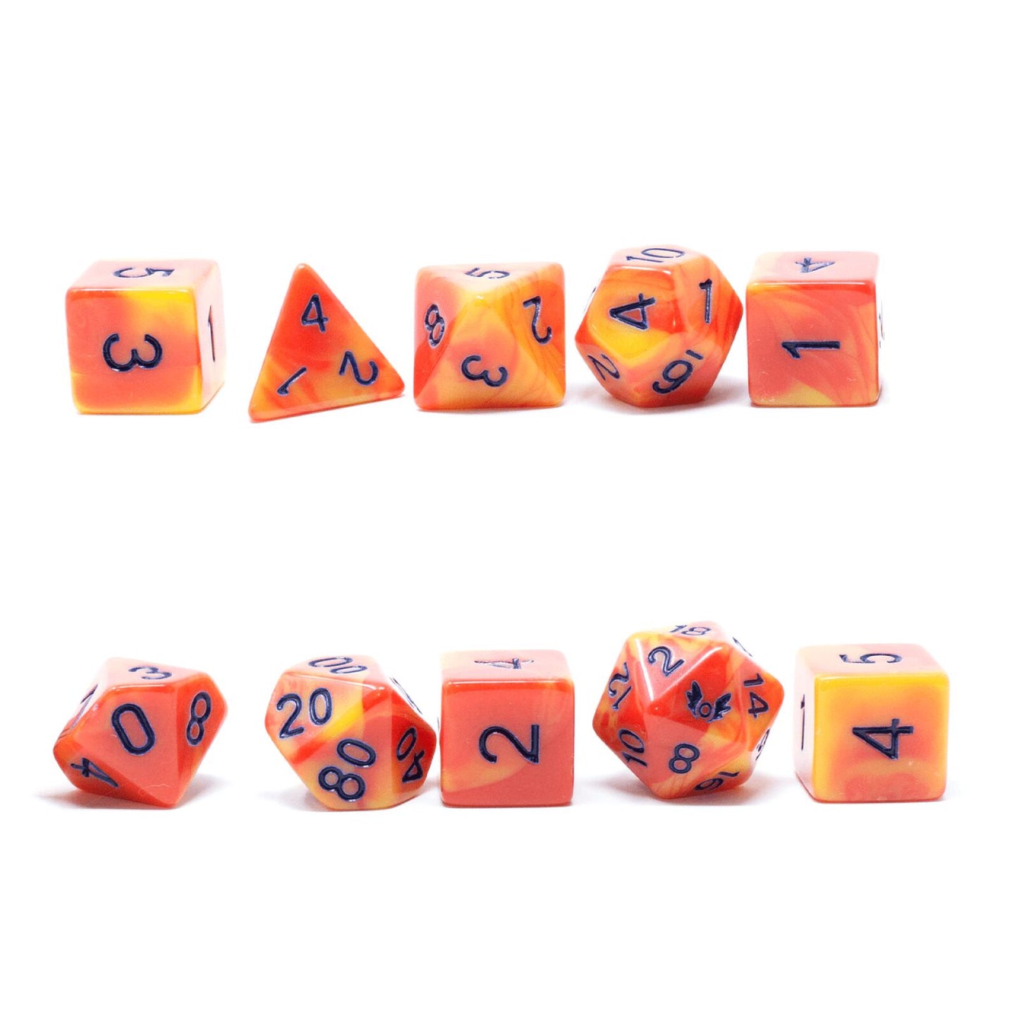Orange and yellow swirled polyhedral dice with dark numbers, arranged in two rows on a white background.