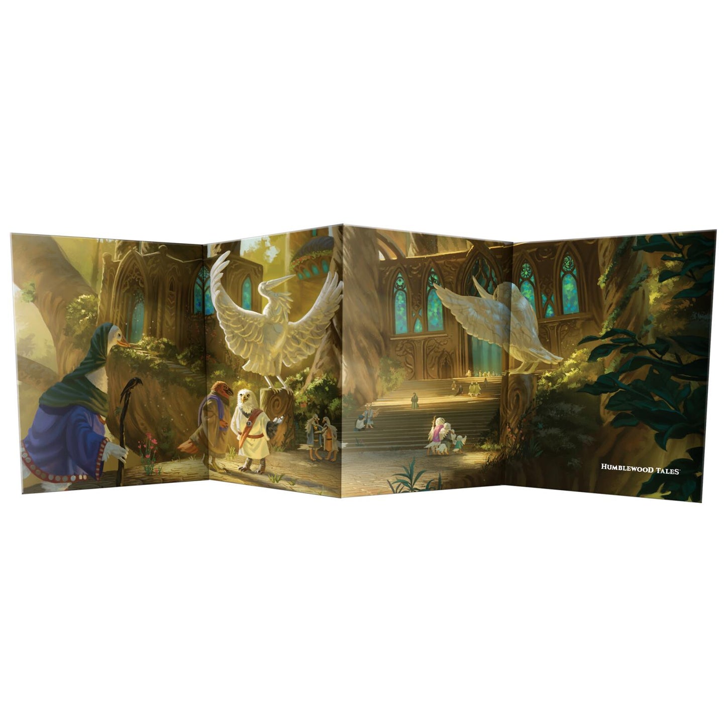 Humblewood Tales: Anthropomorphic bird folk walk through an ornate forest city with grand buildings and large bird statues.