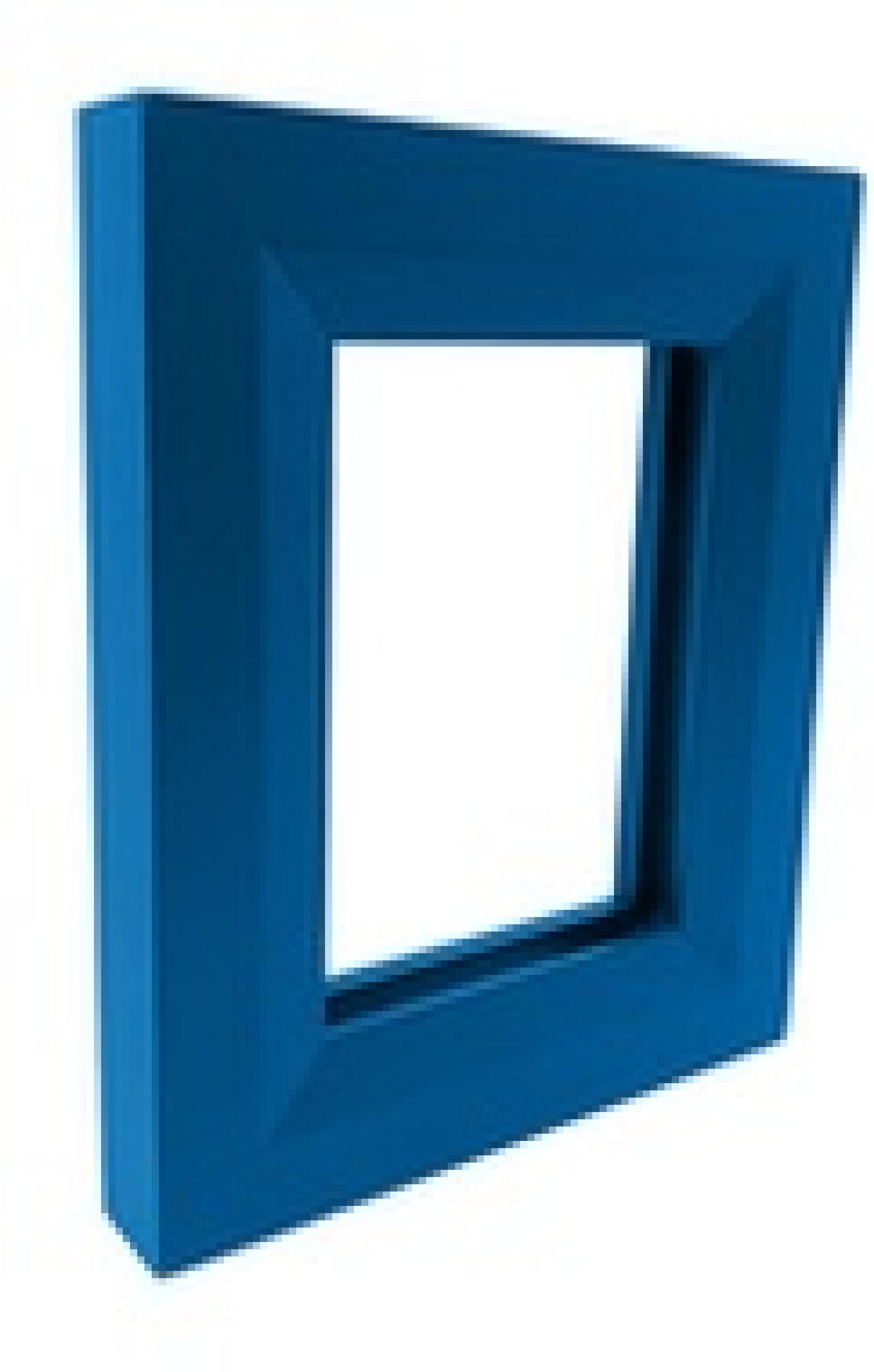 A blue rectangular frame with a thick, beveled edge, angled on a white background