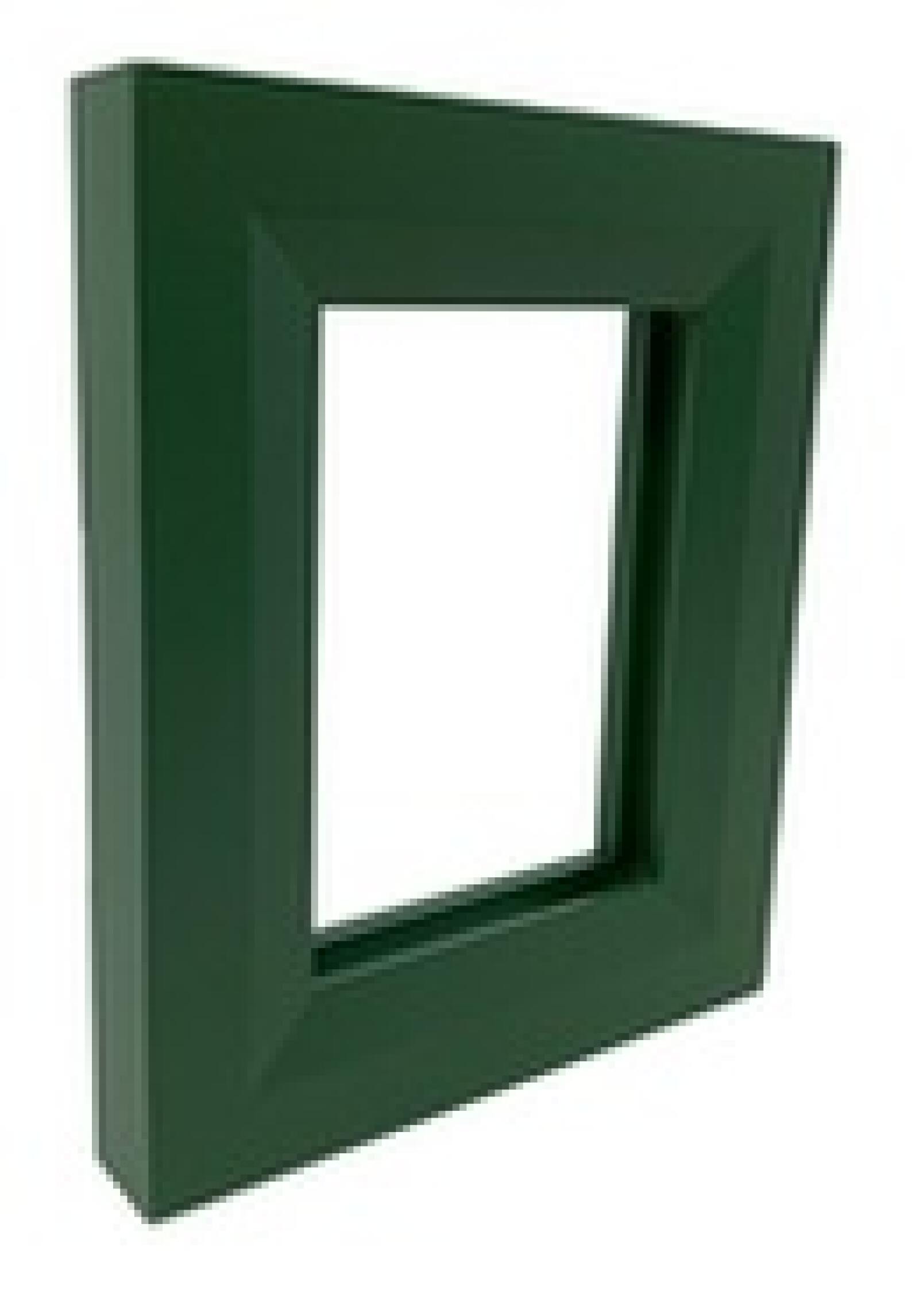 A dark green, square frame with a deep recess is angled against a white background