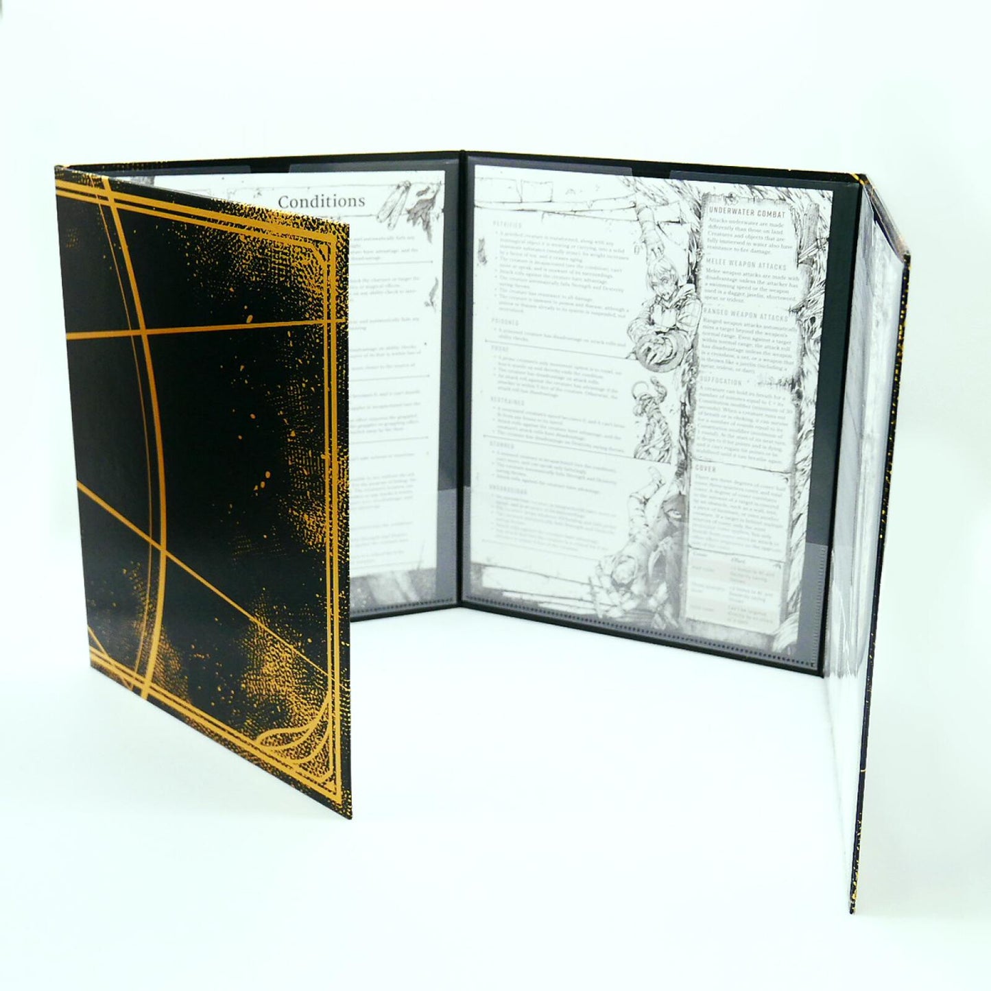 A black and gold Dungeon Master's screen stands open, displaying game rules and fantasy illustrations.