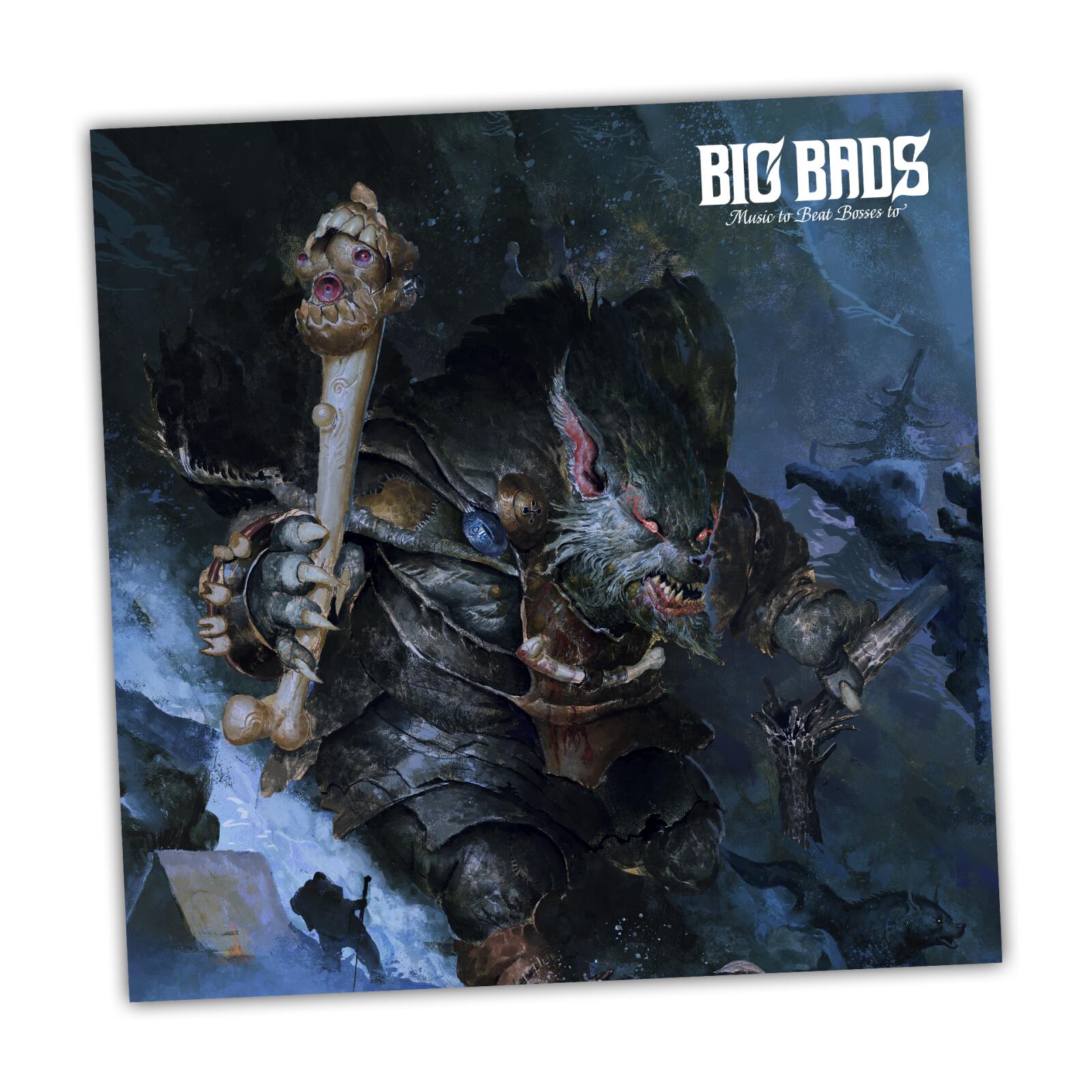 Big Bads Vinyl Record album art features a large, armored, wolf-like creature with red eyes holding a staff, in a dark snowy landscape with small figures