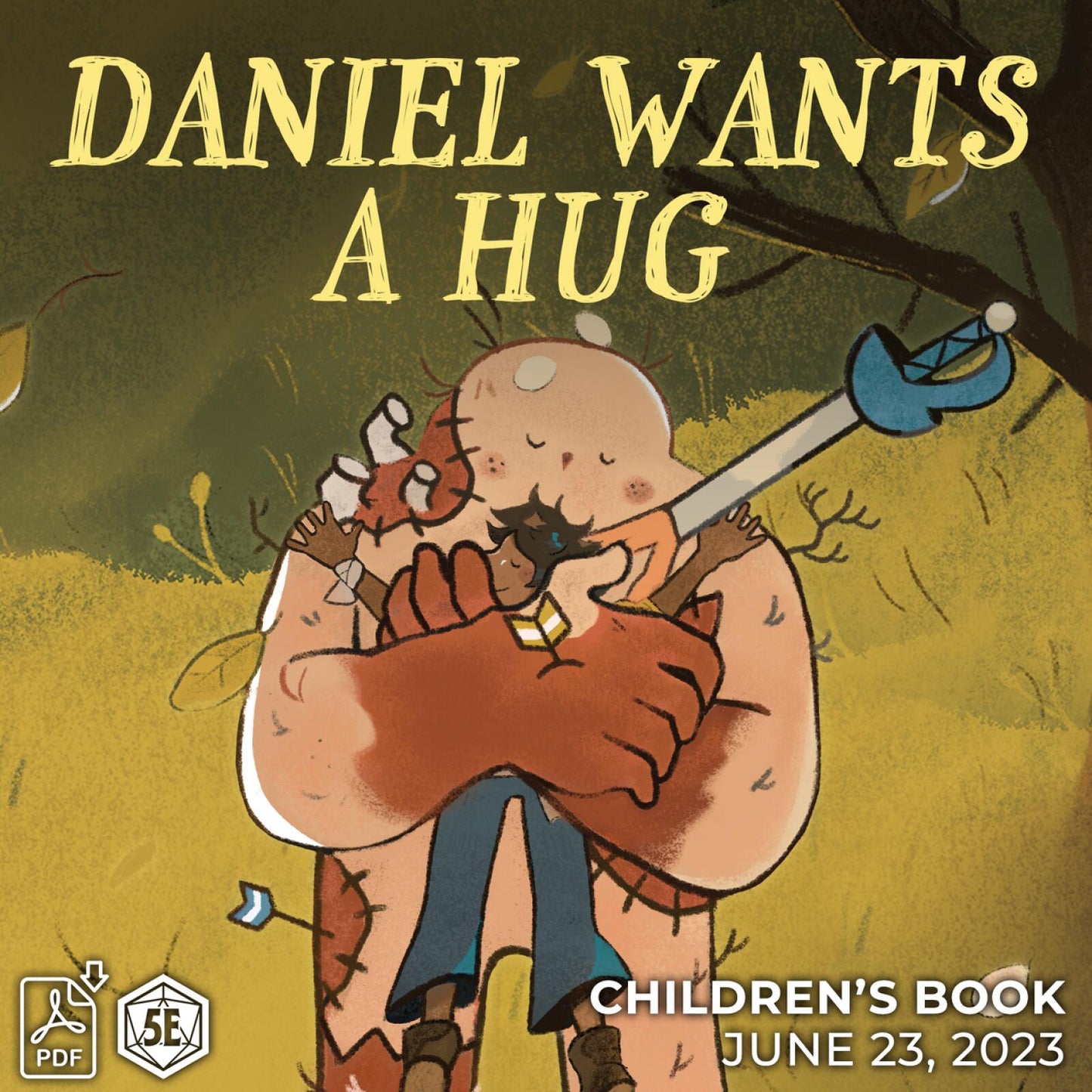 Book cover: A small child hugs a large, gentle creature with a sword on its back, in a forest