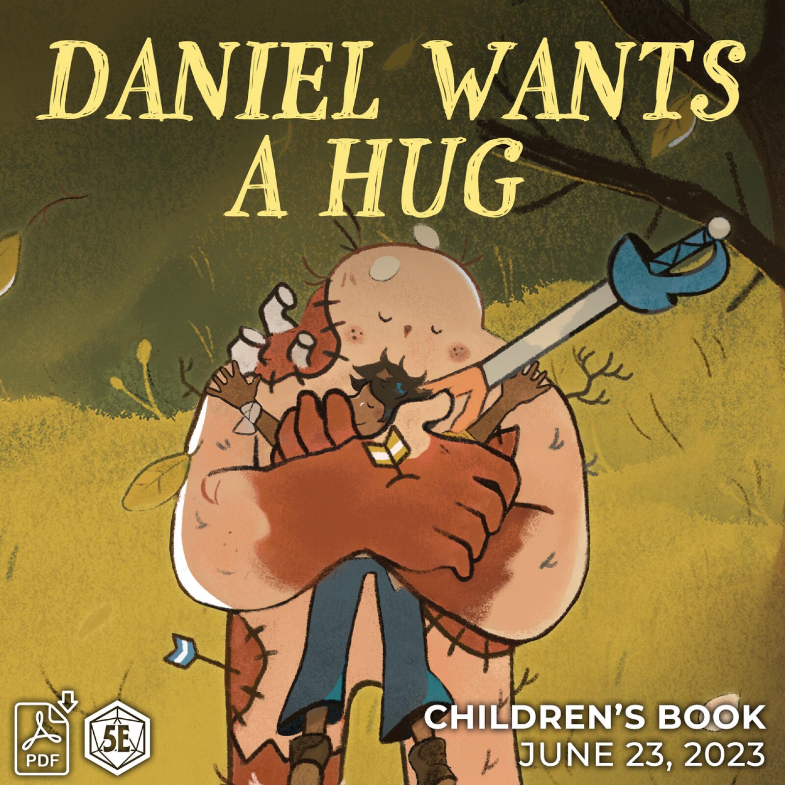 Book cover: A small child hugs a large, gentle creature with a sword on its back, in a forest