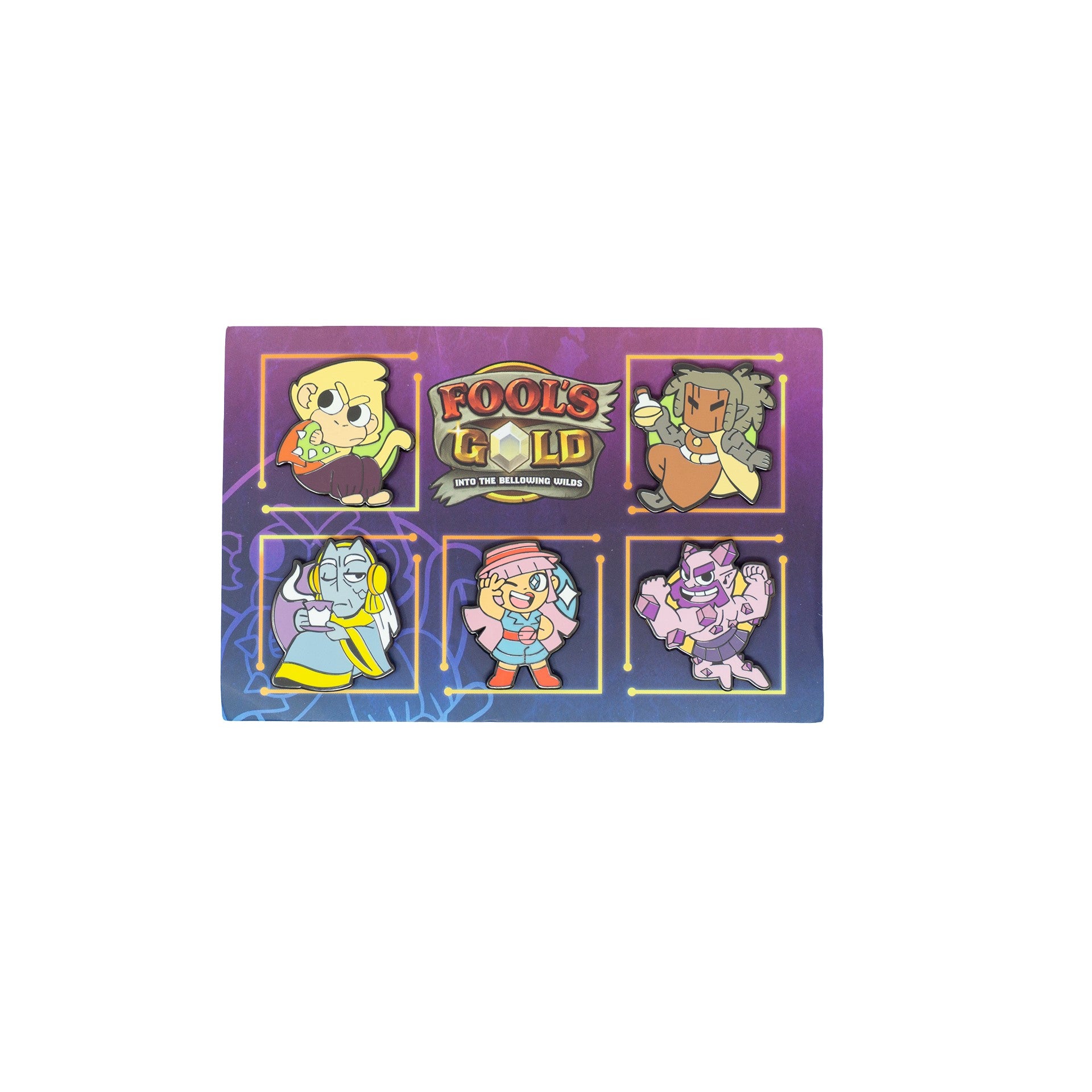 Five colorful enamel pins of characters from the "Fool's Gold" series, displayed on a purple card with neon accents