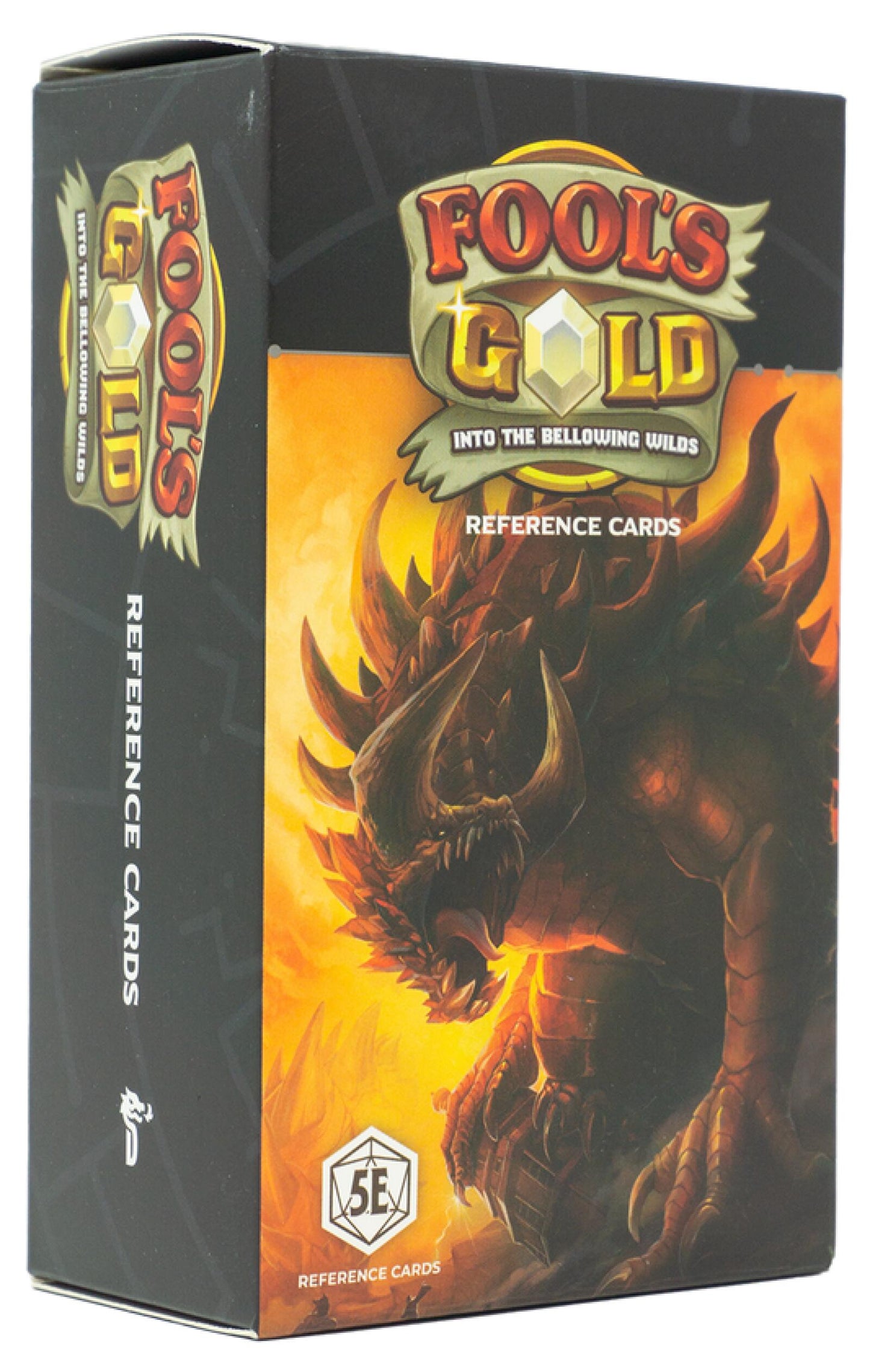 Black box for Fool's Gold 5E Reference Cards. Front features a horned dragon roaring against an orange, fiery background