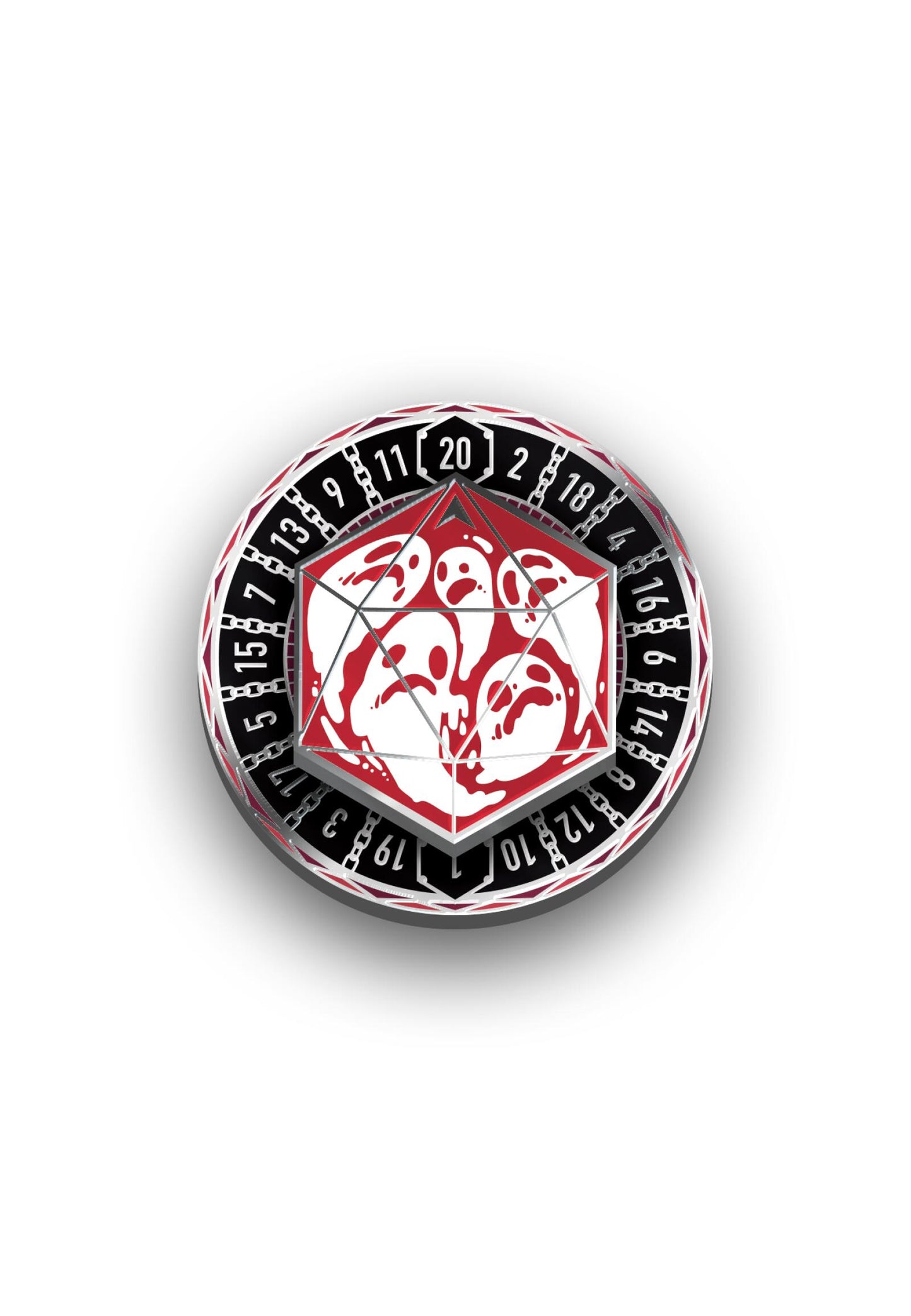 A D20 die with red, abstract ghost designs on white faces, atop a numbered black/red roulette wheel