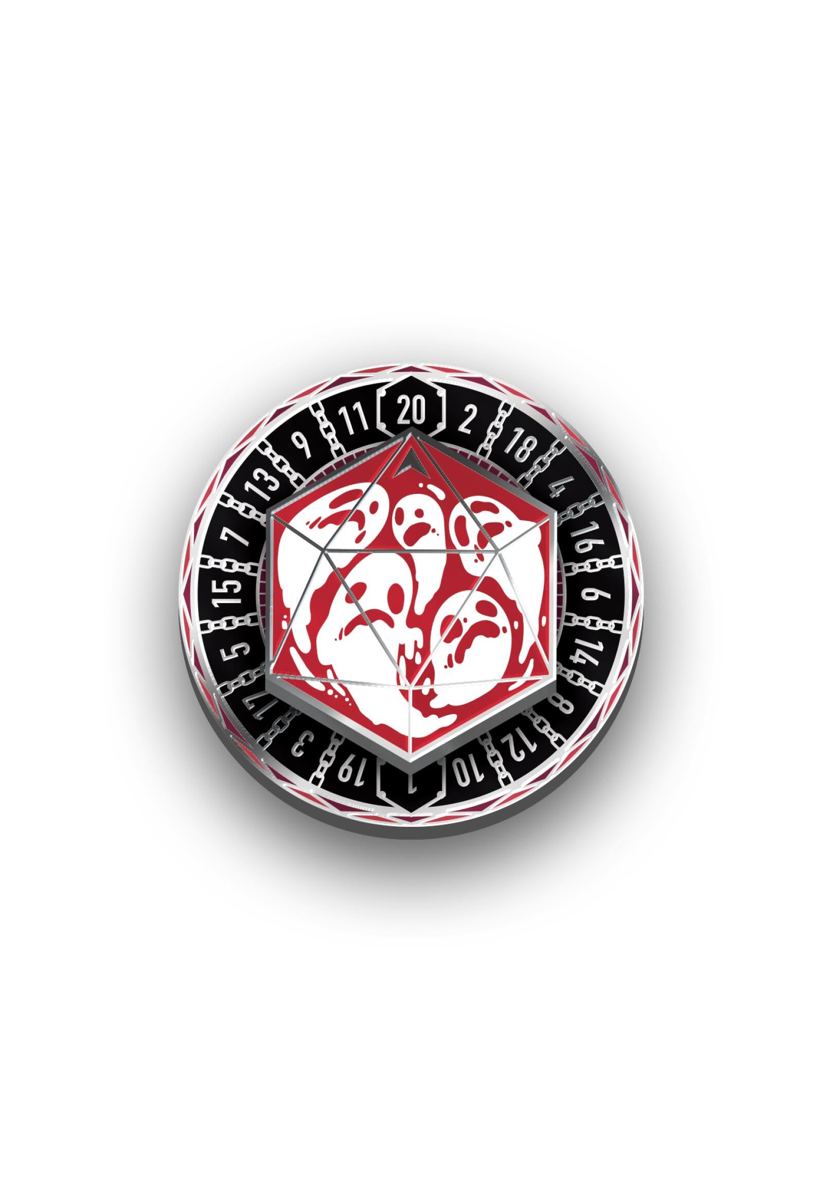 A D20 die with red, abstract ghost designs on white faces, atop a numbered black/red roulette wheel