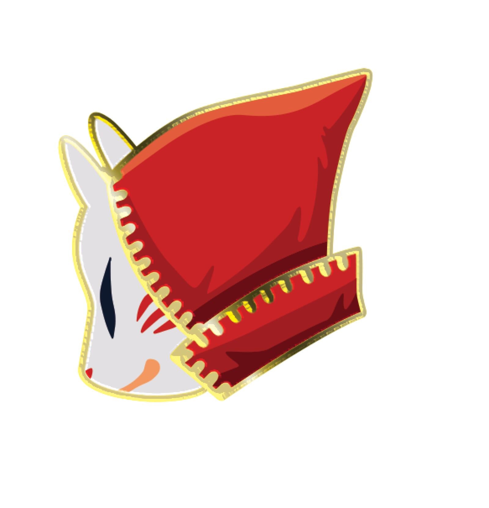 White fox head with black eyes & orange mark, wearing a red hood with gold trim