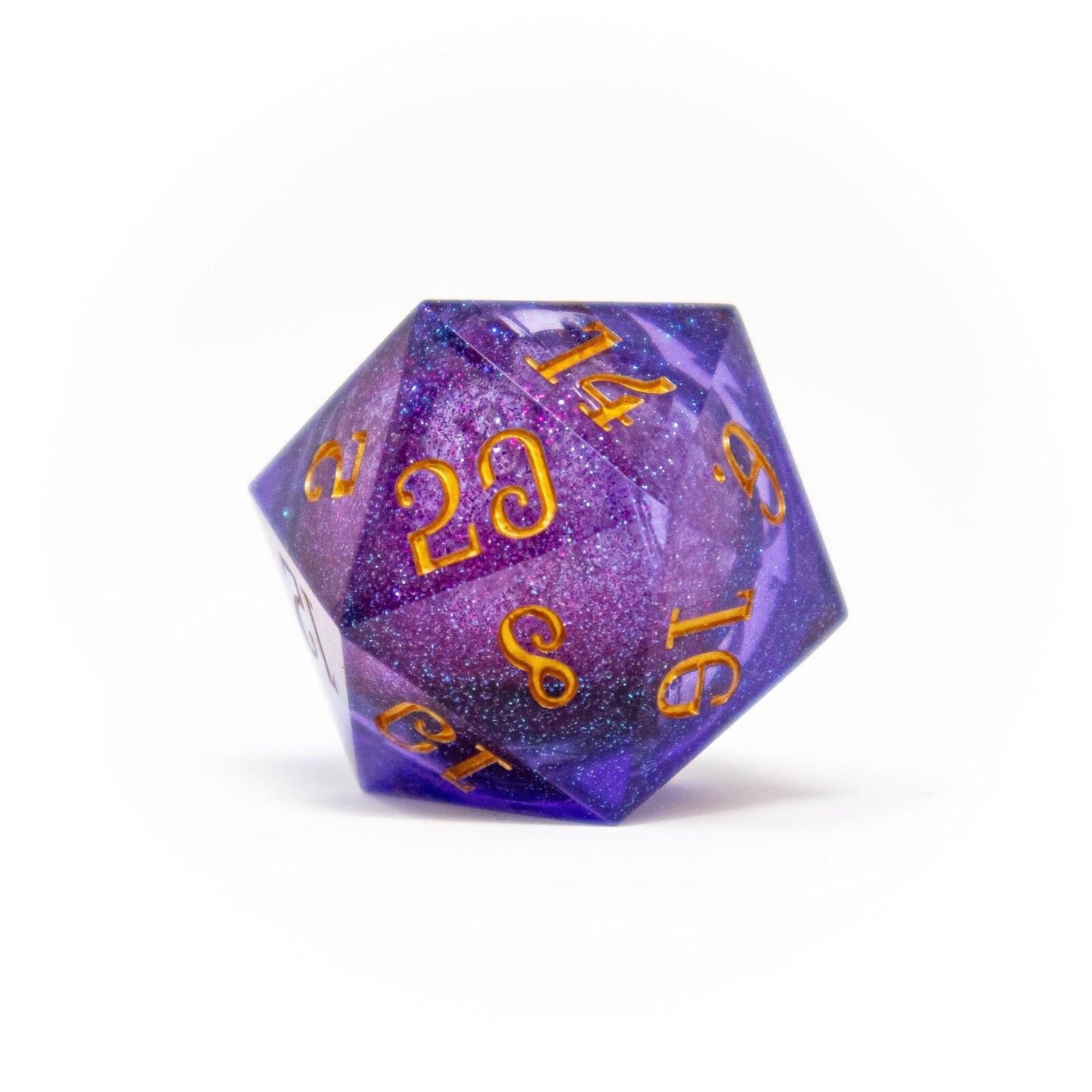 A sparkly purple D20 dice with gold numbers, prominently showing '20', on a white background