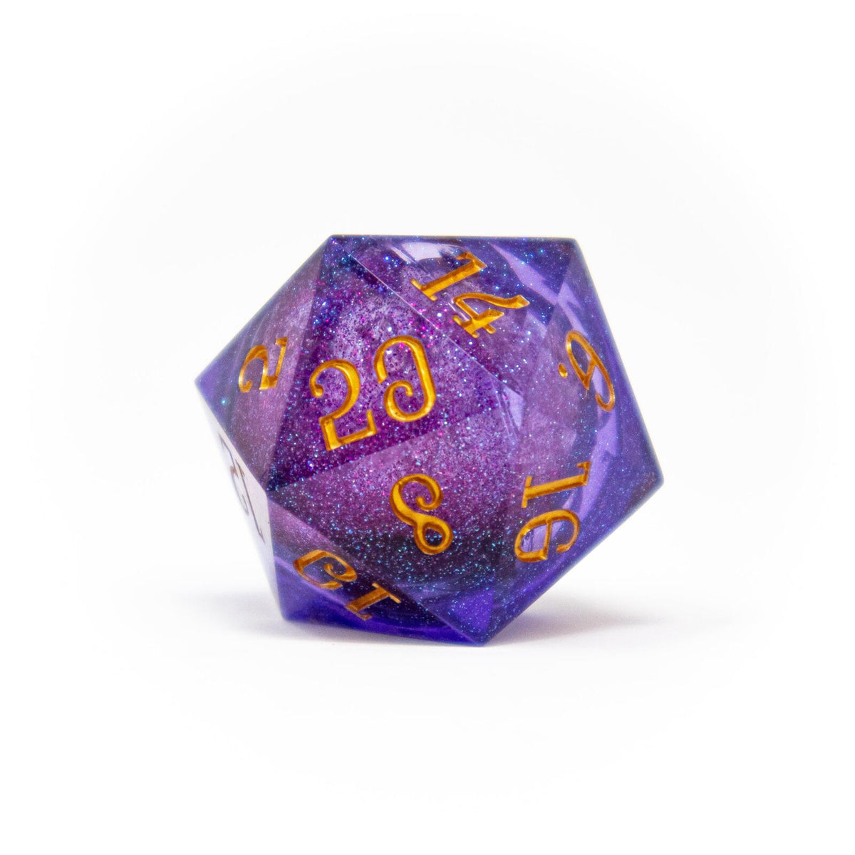 A sparkly purple D20 dice with gold numbers, prominently showing &#39;20&#39;, on a white background