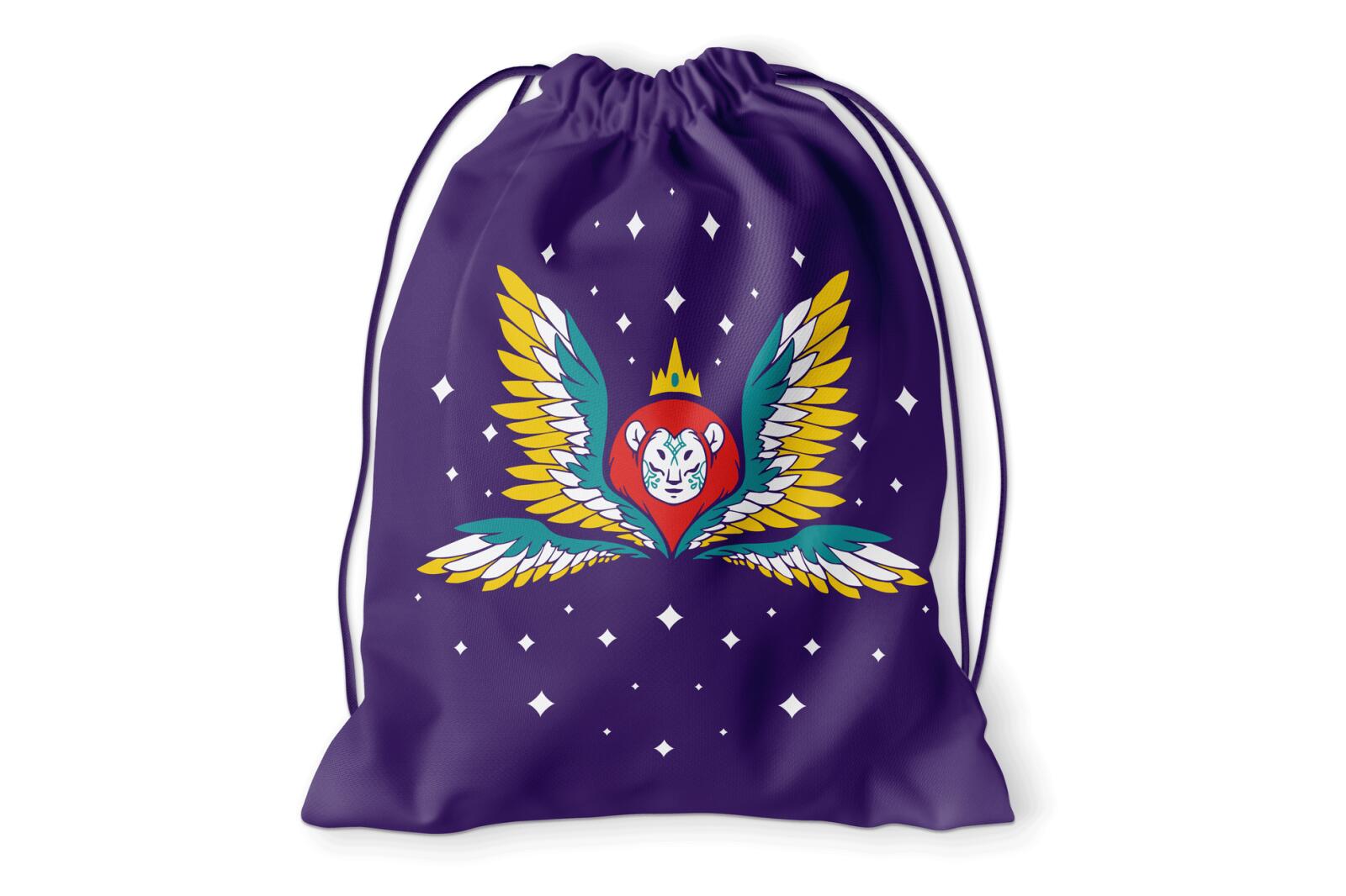 A purple drawstring bag featuring a crowned, winged monkey graphic amidst white stars.