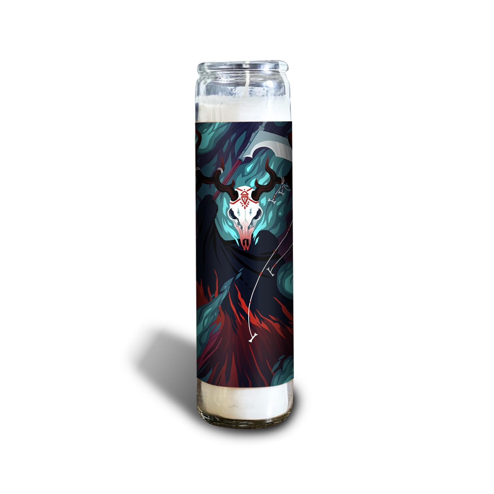 Votive candle with a dark art label of a glowing horned skull with a scythe and fiery/misty background