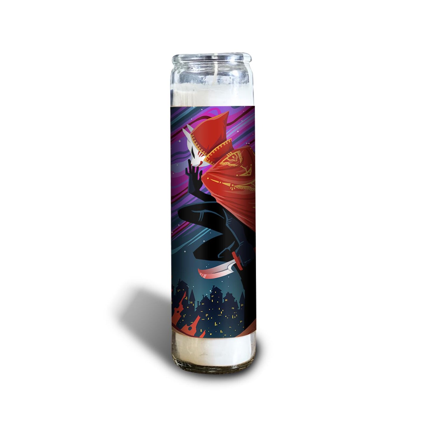 Candle jar with a label of a red-caped Kitsune-masked figure crouching with a knife over a city