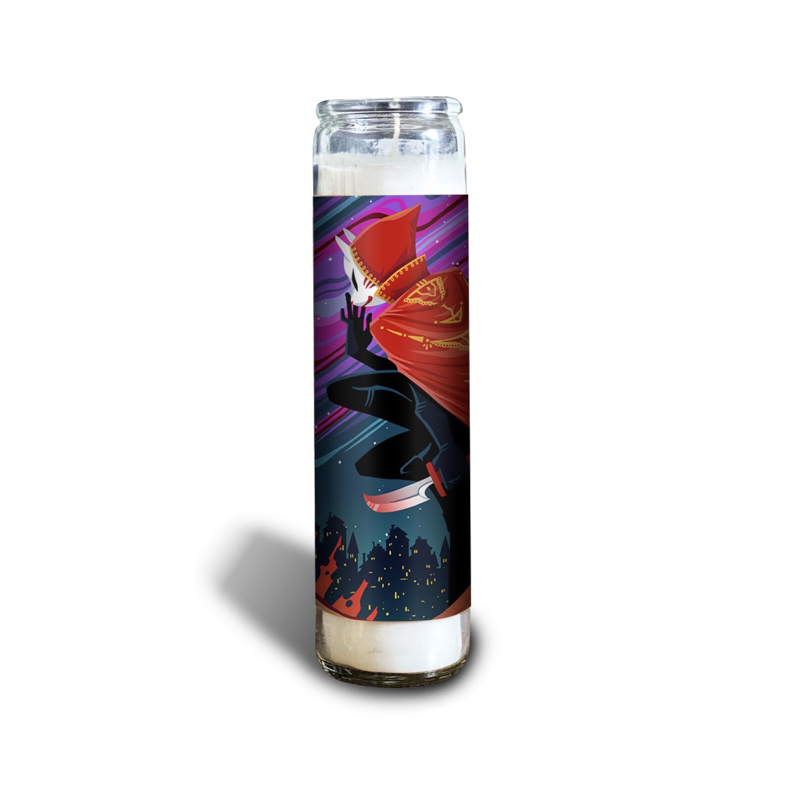 Candle jar with a label of a red-caped Kitsune-masked figure crouching with a knife over a city