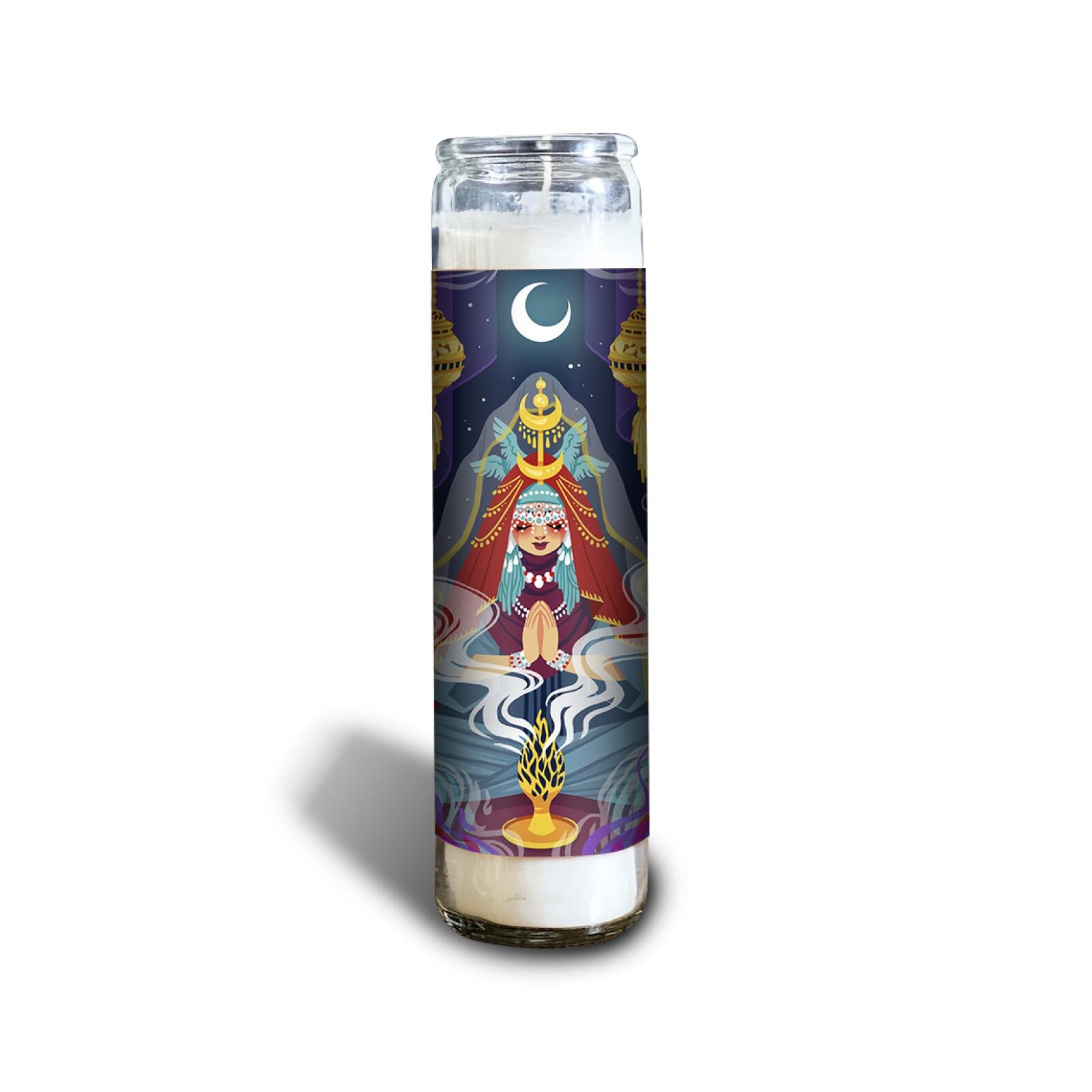 A decorative prayer candle showing a goddess in prayer under a crescent moon, flanked by gold lanterns and rising smoke