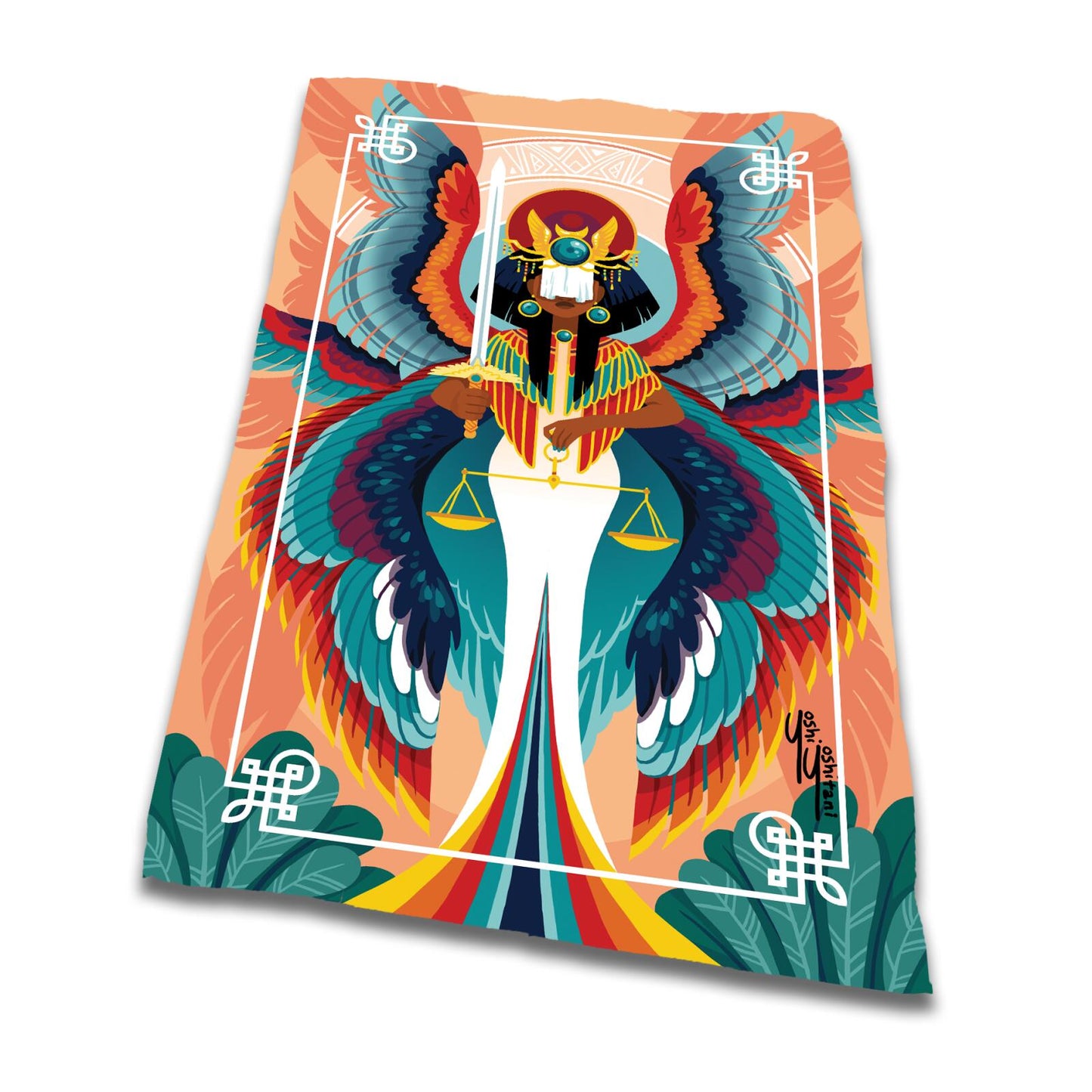 Vibrant, dark-skinned winged figure in an Egyptian style, holding a sword and balancing scales