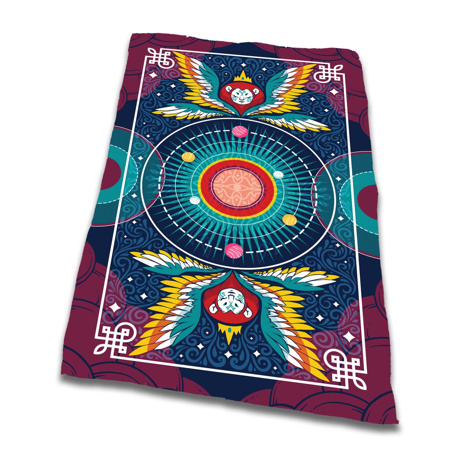 Intricate vertical artwork with winged crowned figures framing a central cosmic design with planets on a dark blue background