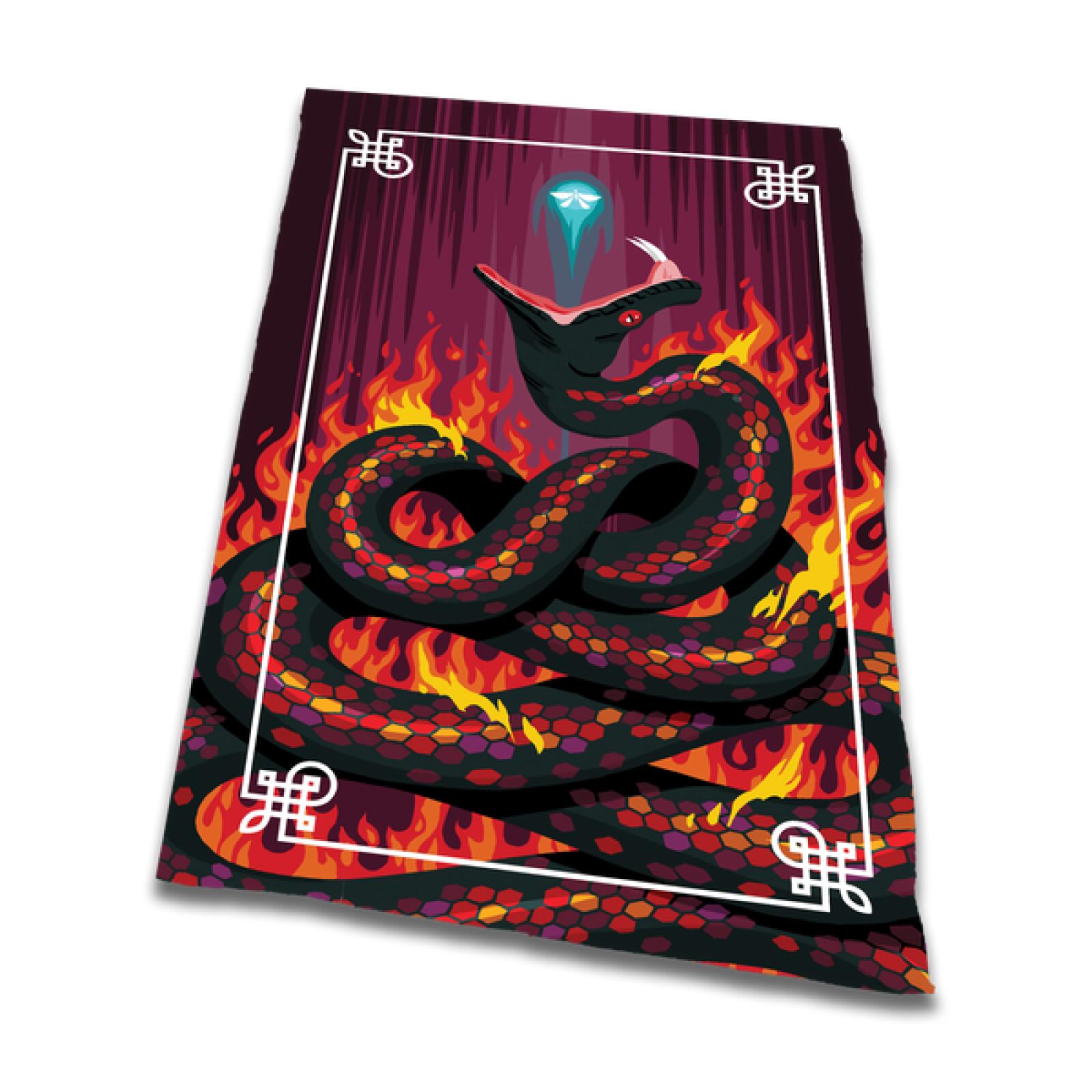 A black snake with vibrant scales, coiled in flames, mouth open, fangs bared, with a glowing blue symbol above
