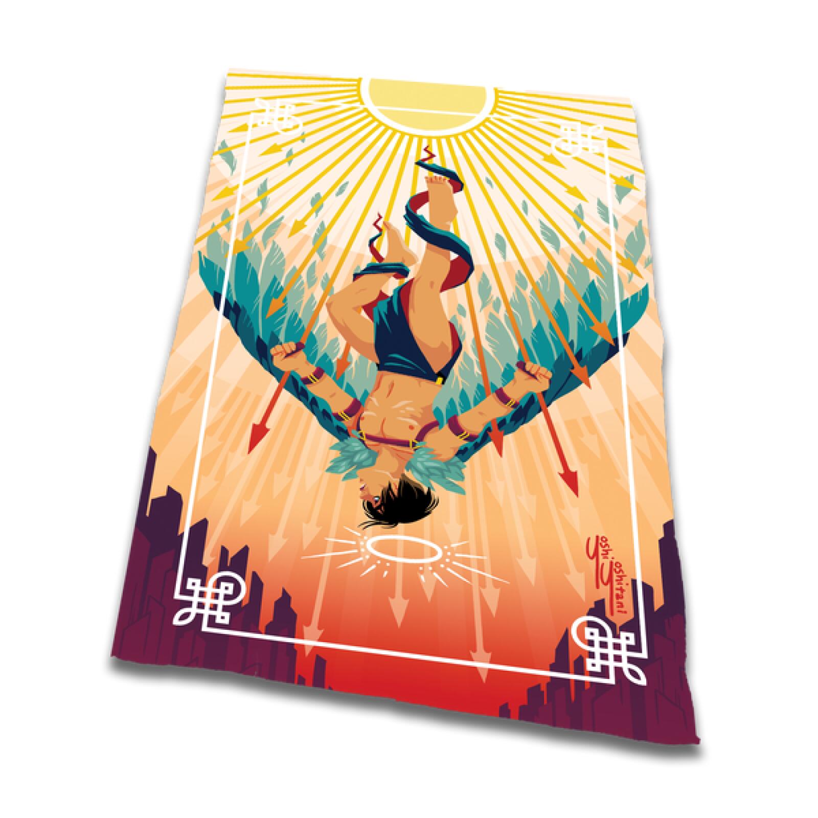 Vibrant illustration of a person hanging upside down by one foot, with a glowing halo, sun rays, and falling arrows
