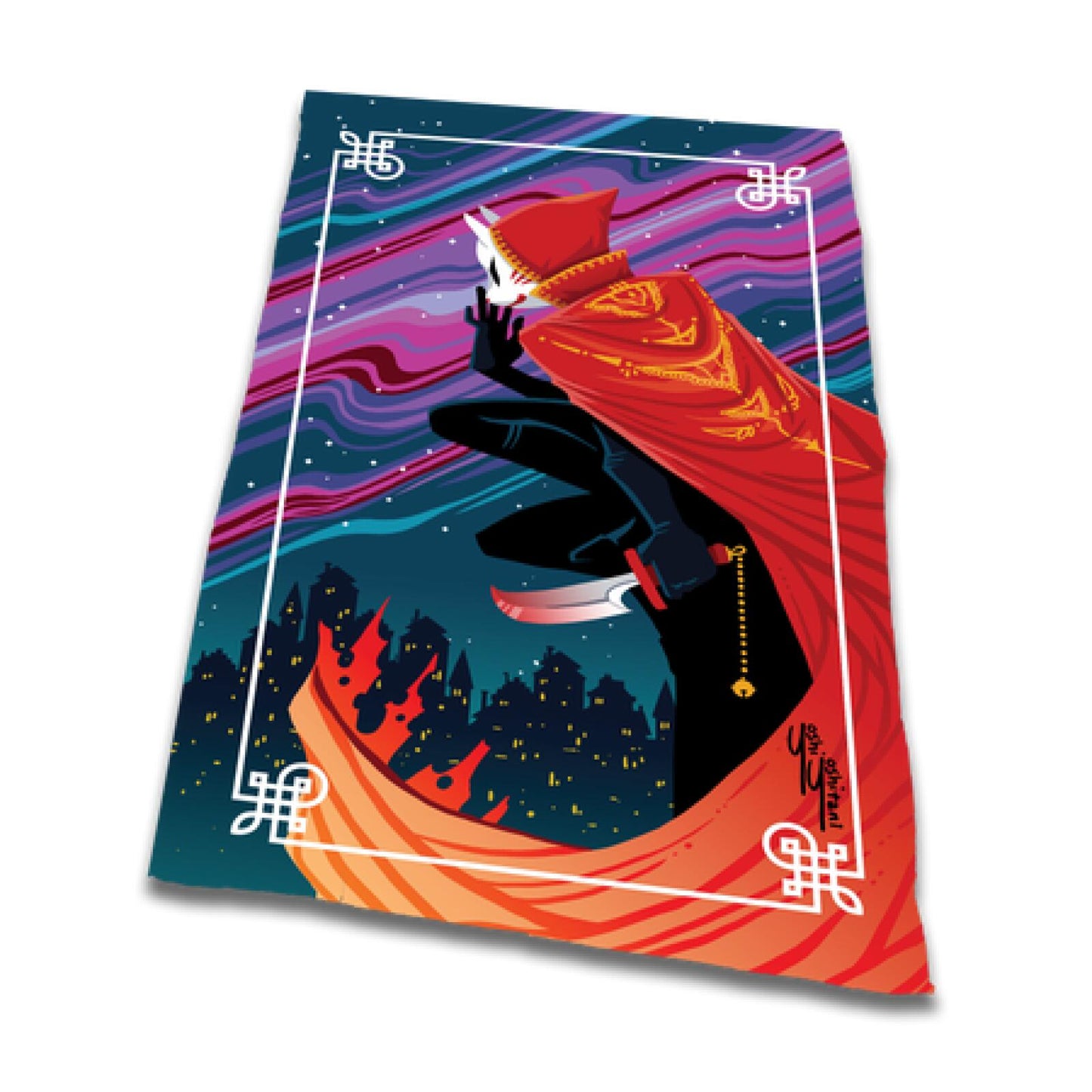 Fox-masked figure in red cloak, holding a dagger, crouches above a burning city skyline under a starry, swirling sky