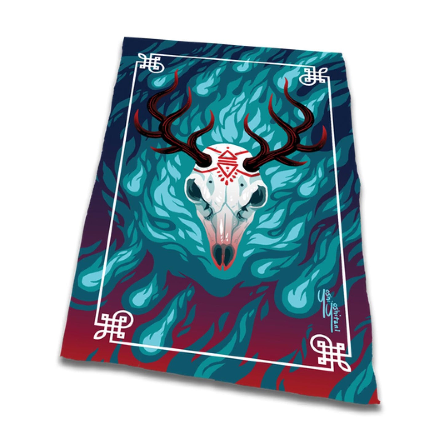 A stylized white deer skull with antlers and red tribal markings, set against teal and red flames, inside a decorative frame
