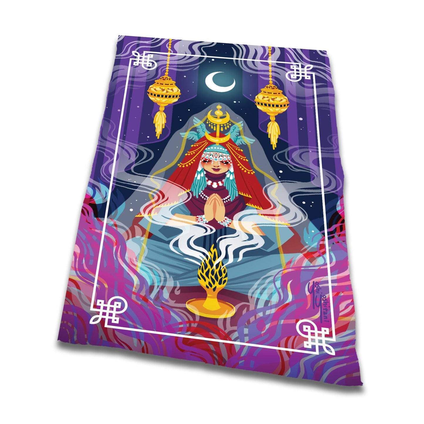 Vibrant illustration of a woman in elaborate red attire, hands together, before smoke from a golden vessel, under a crescent moon