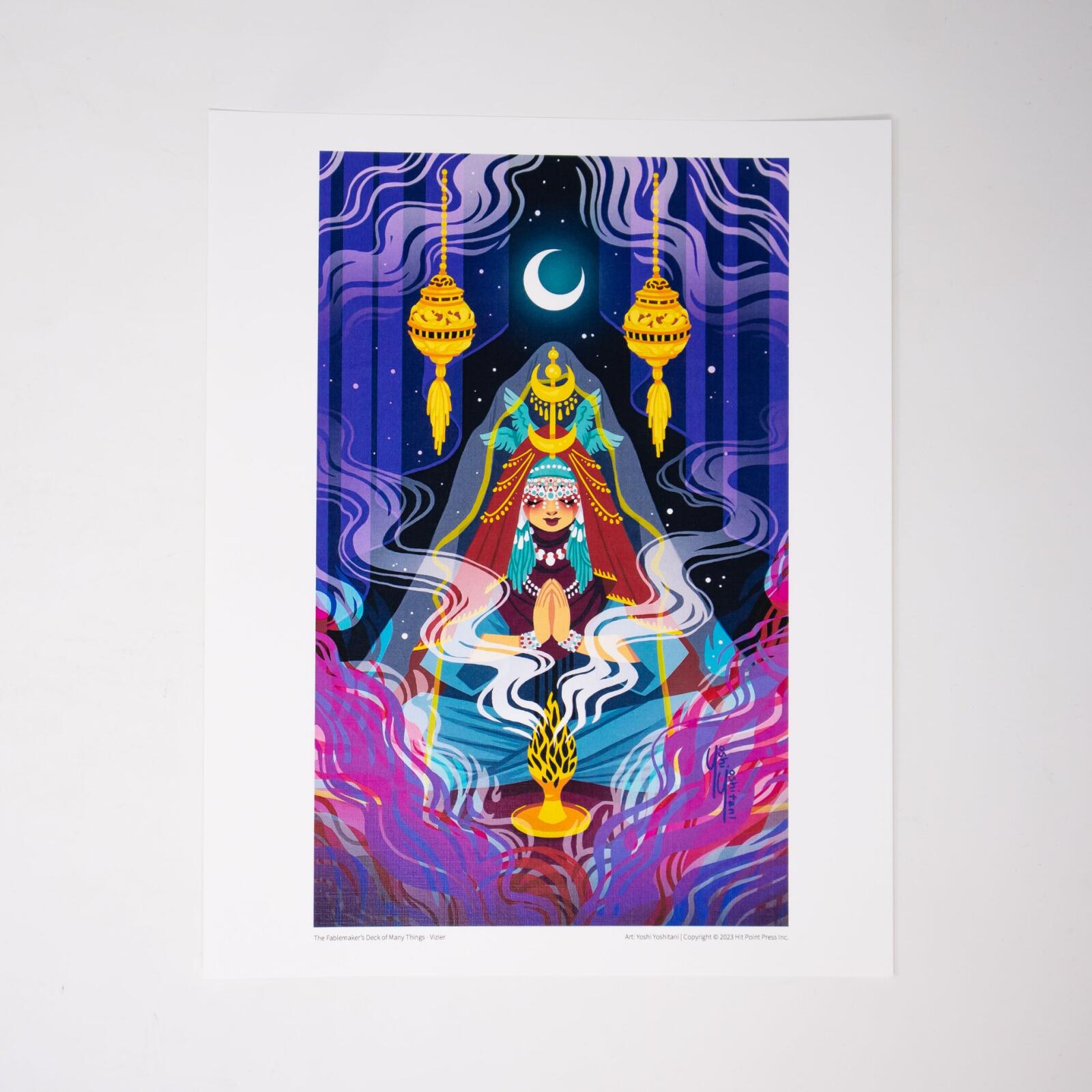 Vibrant art: An ornate woman meditates, hands clasped, as smoke rises from a lamp. A crescent moon and golden lanterns illuminate the dark sky