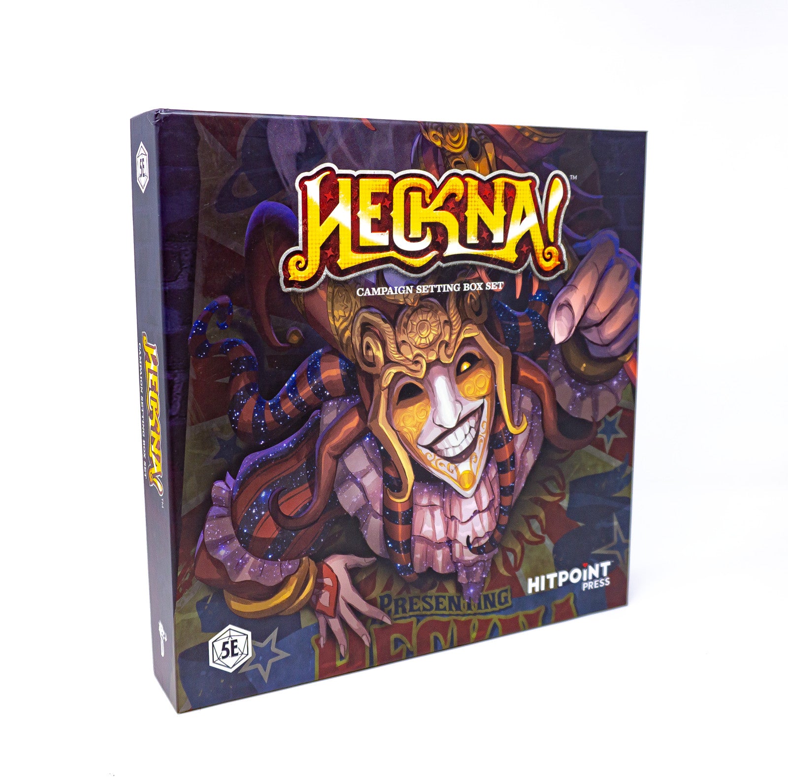 Hecna! 5E Campaign Setting Box Set showing a grinning jester mask and reaching hand on white.