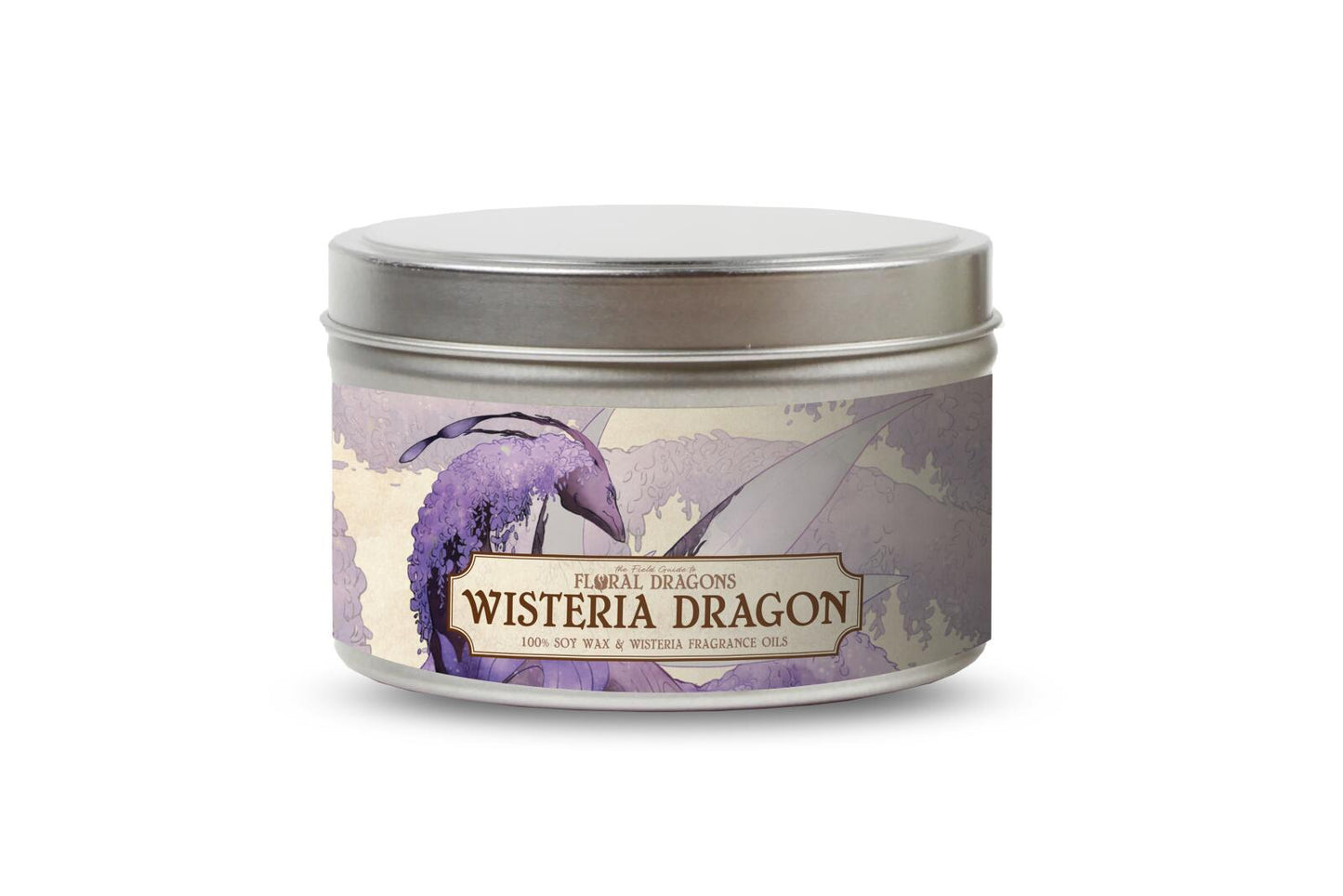A silver candle tin labeled "Wisteria Dragon" featuring a purple wisteria flower dragon design