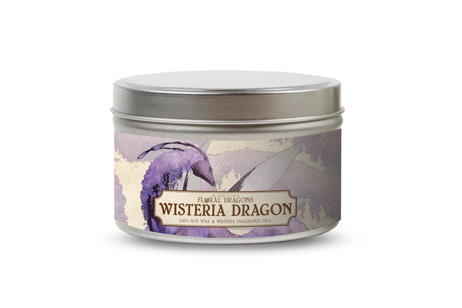 A silver candle tin labeled "Wisteria Dragon" featuring a purple wisteria flower dragon design