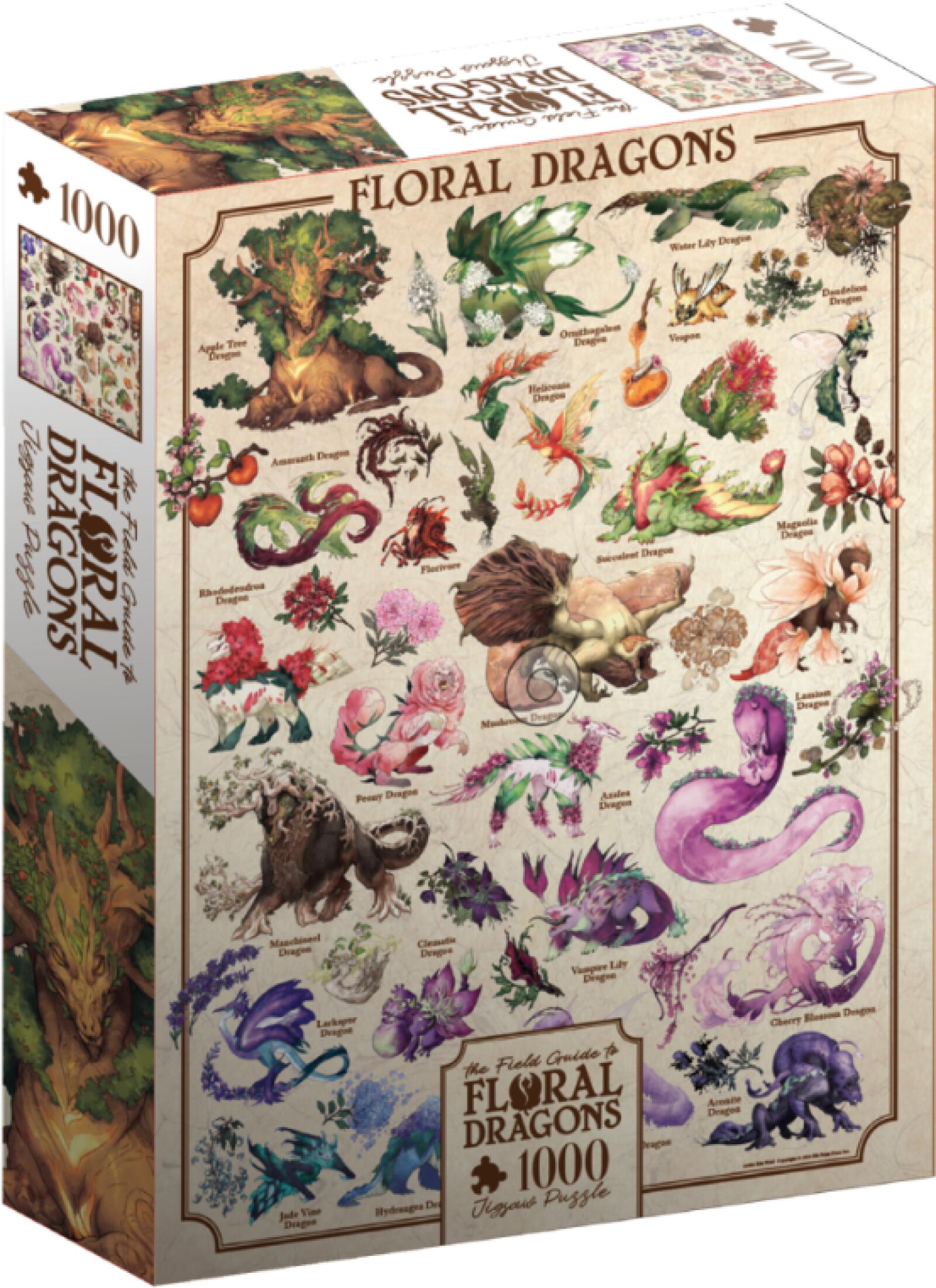 A 1000-piece "The Field Guide to Floral Dragons" puzzle box, displaying many unique flower- and plant-themed dragons