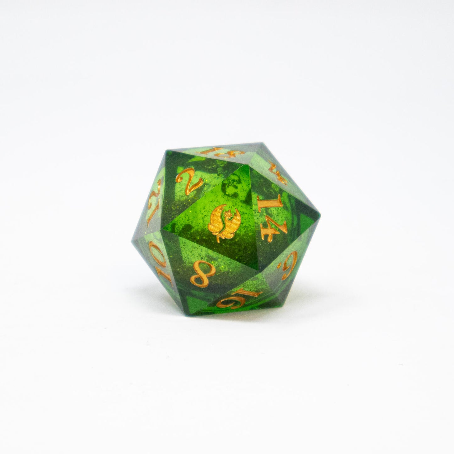 Green d20 die with gold numbers and a gold phoenix symbol, on a white background.