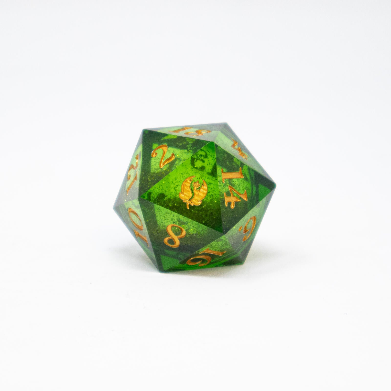 Green d20 die with gold numbers and a gold phoenix symbol, on a white background.