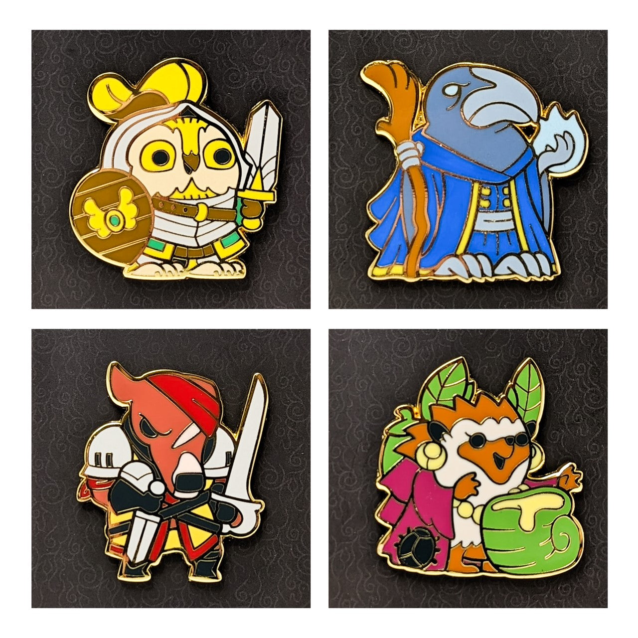 Four colorful enamel pins: an owl knight, a raven wizard, an an elephant knight, and a hedgehog druid with honey.