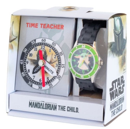 Display box featuring a black strap watch with Grogu&#39;s face on the dial and a learning clock with hour and minute hands