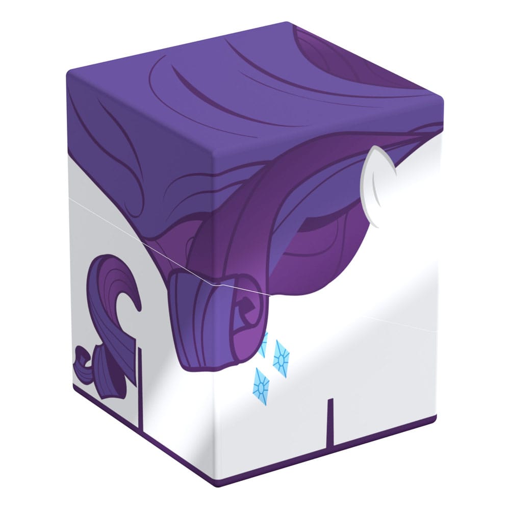 A white cube-shaped storage box depicting My Little Pony&#39;s Rarity with a vibrant purple mane wrapping the top and side, accented by light blue diamond cutie marks