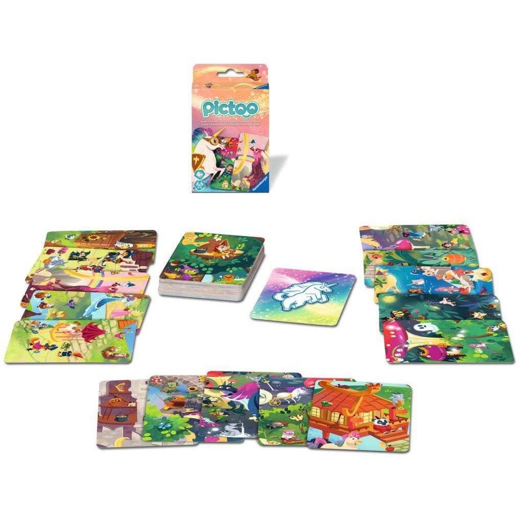 Ravensburger Pictoo card game box and scattered playing cards featuring colourful fantasy illustrations, including a white unicorn